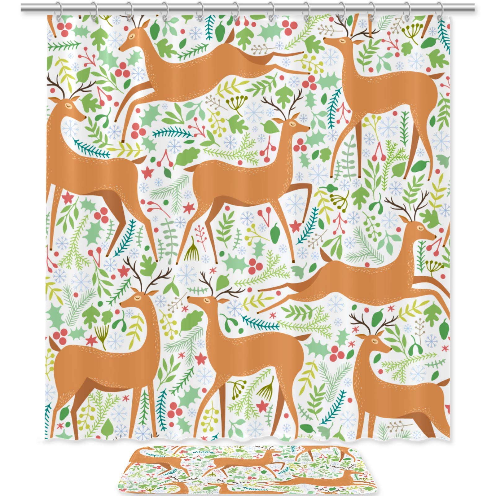 imobaby Cartoon Deer & Plant Bathroom Set - Waterproof Polyester Shower Curtain 70.8x70.8 Inches with Matching Rugs & 12 Hooks - Complete Bath Accessories for Kids & Nursery Decor