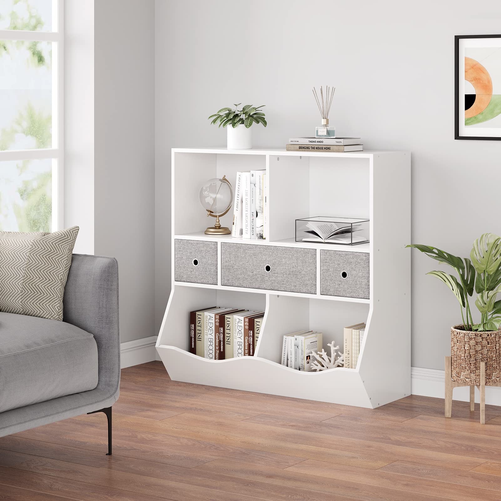 **White Kids Bookshelf & Bookcase with Toy Storage, Multi-Shelf Cubby Organizer, Cabinet & Drawers for Boys & Girls - Perfect for Children's Room, Playroom, Hallway & Bedroom**