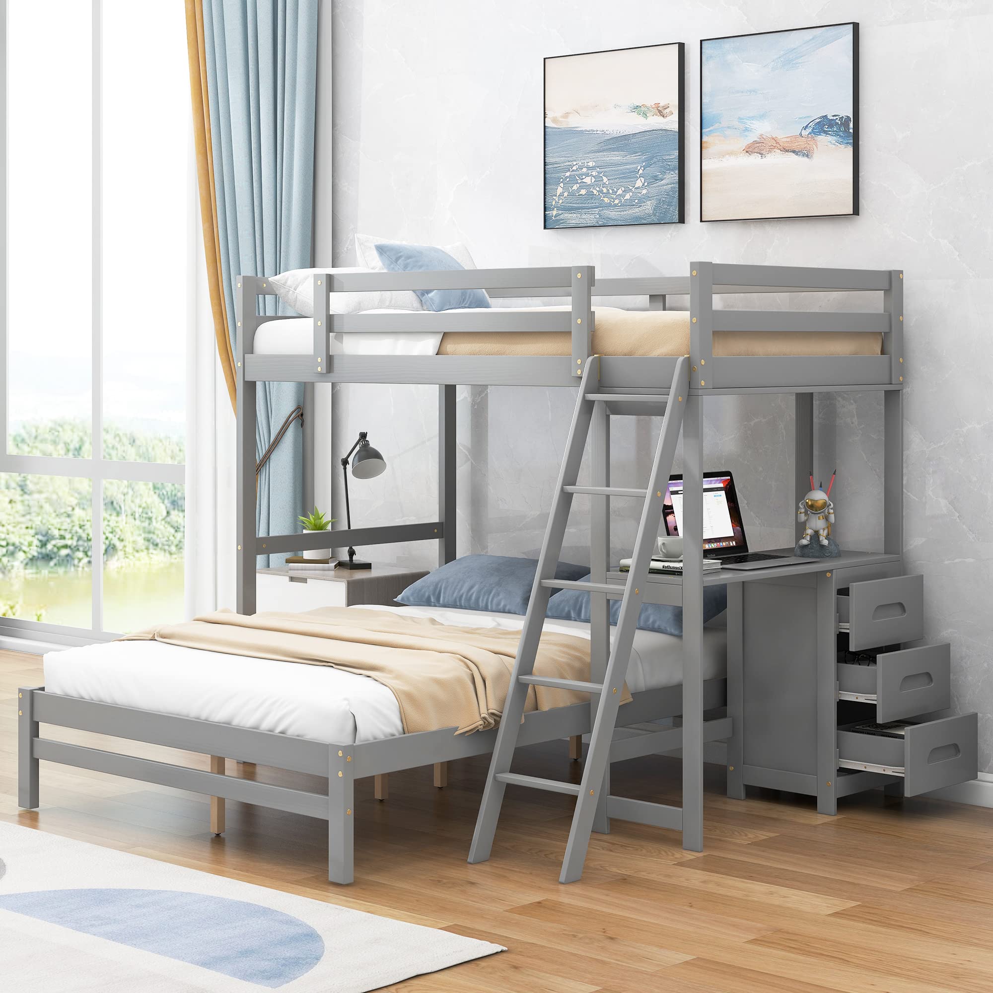 Harper & Bright Designs Solid Wood L-Shaped Bunk Bed with Built-in Desk & 3 Storage Drawers - Twin Over Full Convertible Loft Bed Frame for Kids, Teens & Adults (Grey) - Perfect for Small Bedrooms, Dorm Rooms & Space-Saving Kids' Rooms