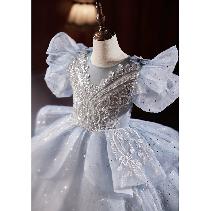 Dusty Blue Organza Flower Girl Dress - Princess Round Floor Length for Weddings & Special Occasions