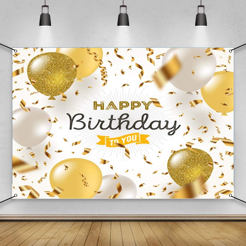 CSFOTO 6x3.6ft Happy Birthday Banner with Balloons - White & Gold Party Decor for Women | Durable Polyester Backdrop for Birthday Photos | Perfect for Birthday Parties, Baby Showers & Celebrations
