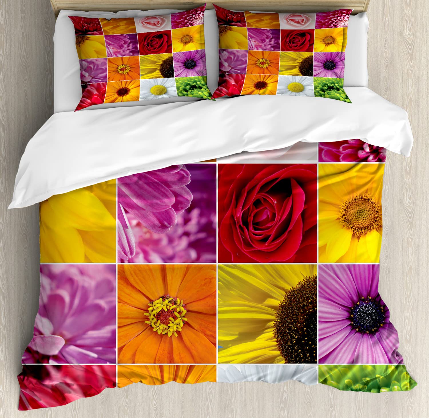 Ambesonne Floral Duvet Cover Set - Queen Size 2-Pack with 2 Duvet Covers & 4 Pillowcases | Vibrant Chrysanthemum Rose Sunflower Violet Floral Pattern in Orange Yellow Pink | Romantic Bridal Bedding for Master Bedroom, Guest Room & Home Decor