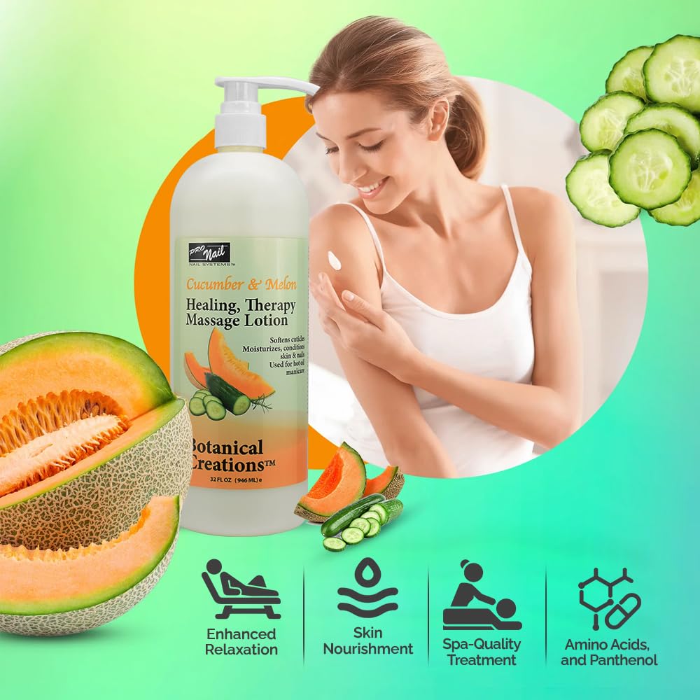 PRO NAIL - Cucumber Melon Healing Therapy Massage Lotion (32 Oz) - Professional Pedicure & Manicure Oil with Natural Oils, Vitamins & Amino Acids - Ideal for Spa, Salon & At-Home Nail Care Treatments