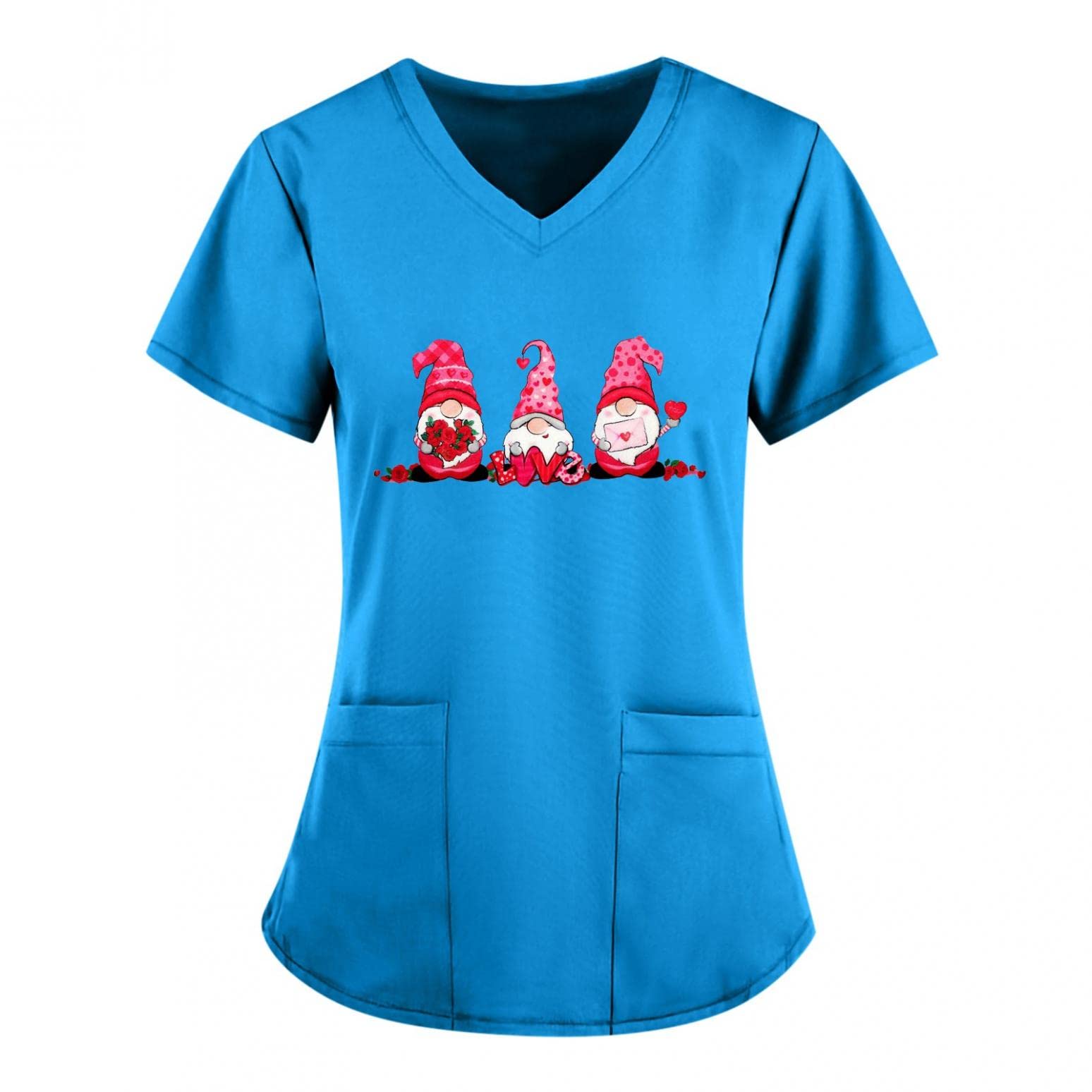 ZDFER Women's Short Sleeve V-Neck T-Shirt with 2 Pockets - Valentine's Day & Easter Print Work Uniform Blouse | Casual Office Wear, Spring Outfits, Holiday Party Apparel