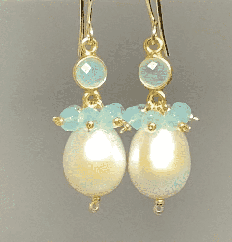 Elegant Pearl & Gemstone Cluster Dangle Earrings with Aqua Accents - Perfect for Weddings, Parties & Special Occasions