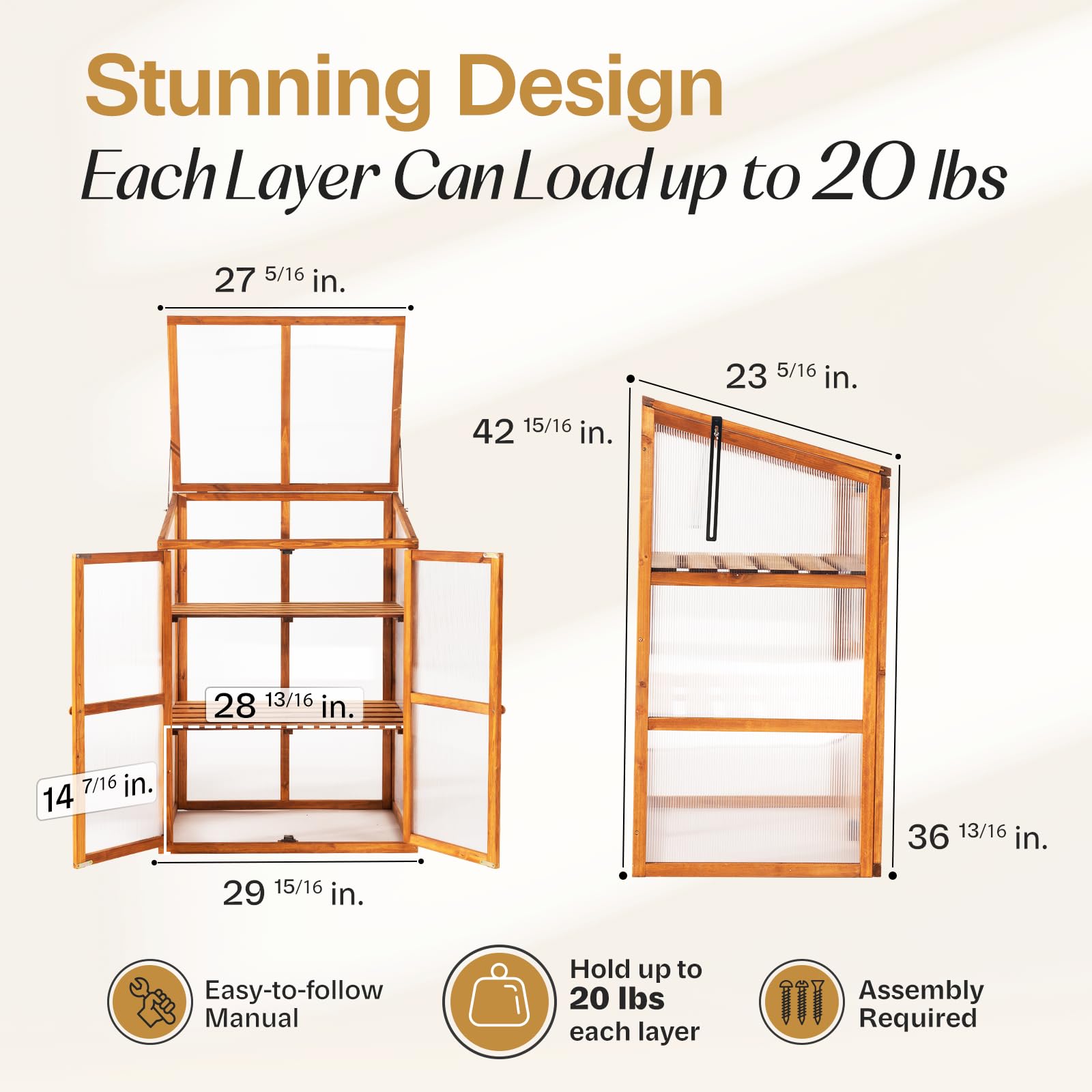 IDZO Fir Wood Cold Frame Greenhouse for Outdoor Plants - 2-Tier Greenhouse Cabinet with Transparent Polycarbonate Panels & Foldable Top - Ideal for Seed Starting, Herb Growing, and Plant Protection - Easy Assembly for Garden, Patio, and Backyard Use