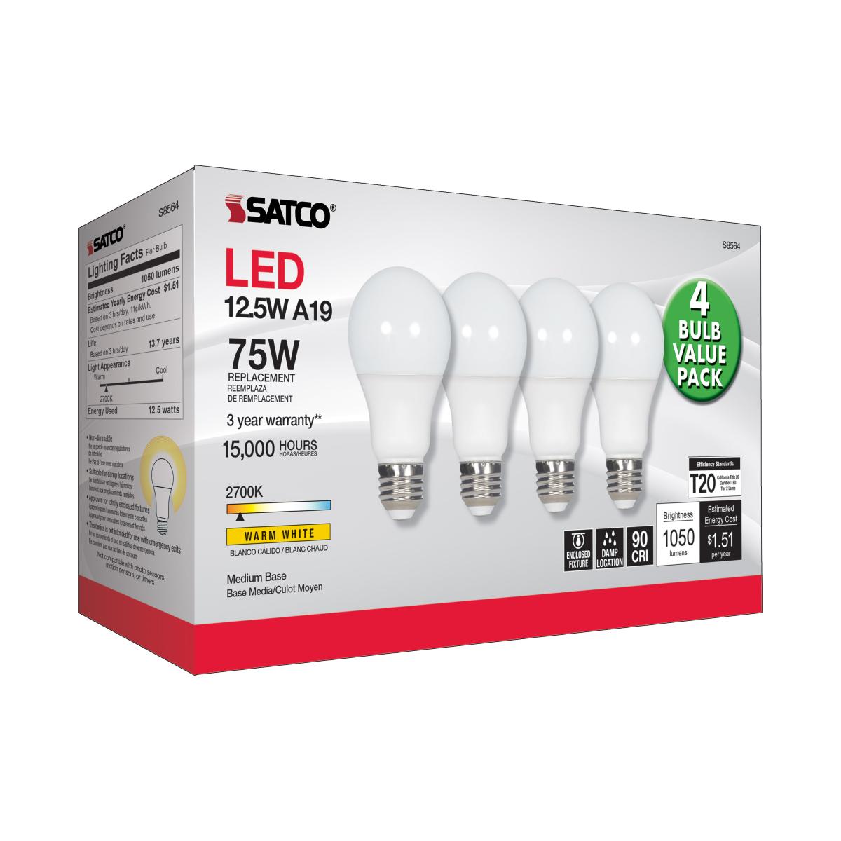 4-Pack A19 LED Light Bulbs 75W Equivalent, 13W 1050 Lumens Soft White 2700K, E26 Medium Base Frosted Bulbs for Home, Bedroom, Living Room, Office Lighting