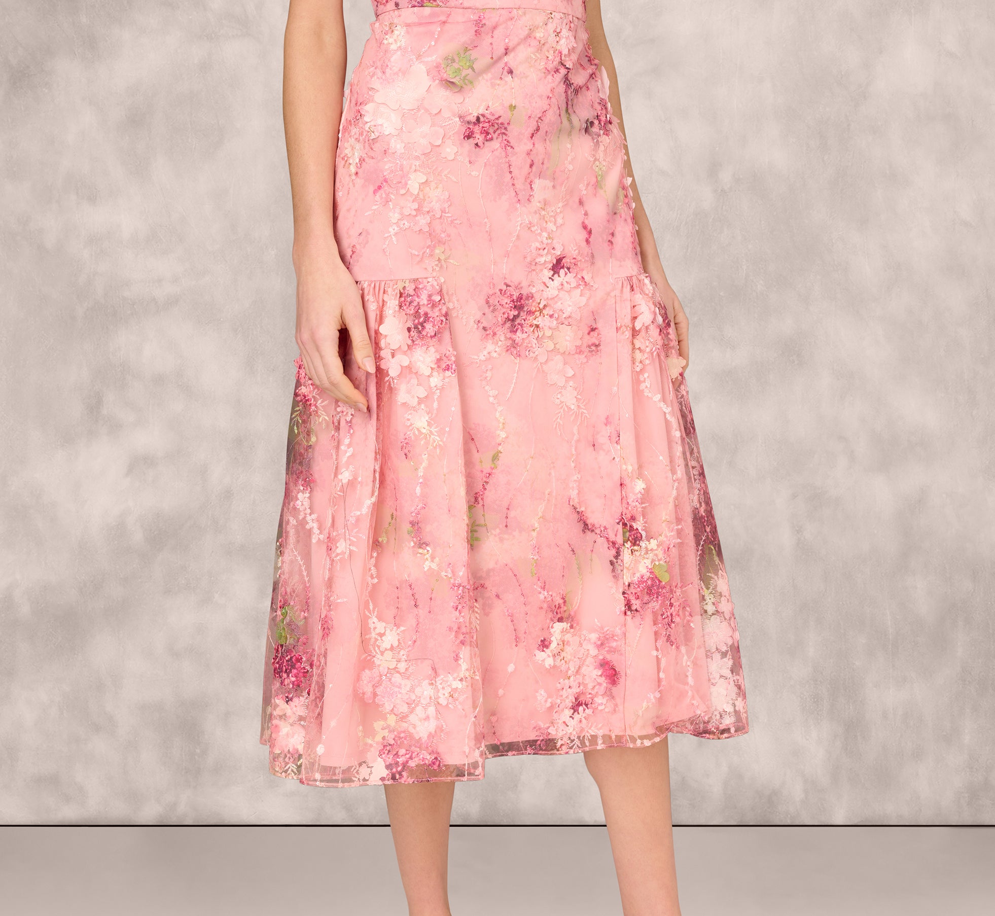 Elegant Sleeveless Embroidered Side Flounce Midi Dress in Pink Multi - Perfect for Summer Weddings, Garden Parties & Cocktail Events