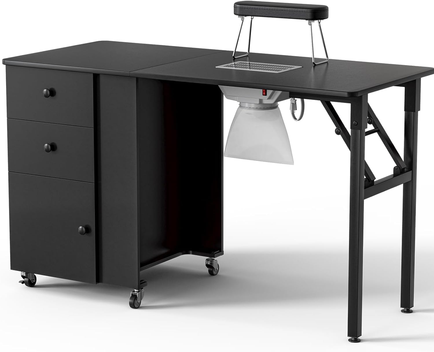 Foldable Manicure Table with Built-in Dust Collector - Adjustable Nail Desk with Wrist Pad & Lockable Wheels - Portable Nail Tech Station for Home Salon & Professional Use (Black)