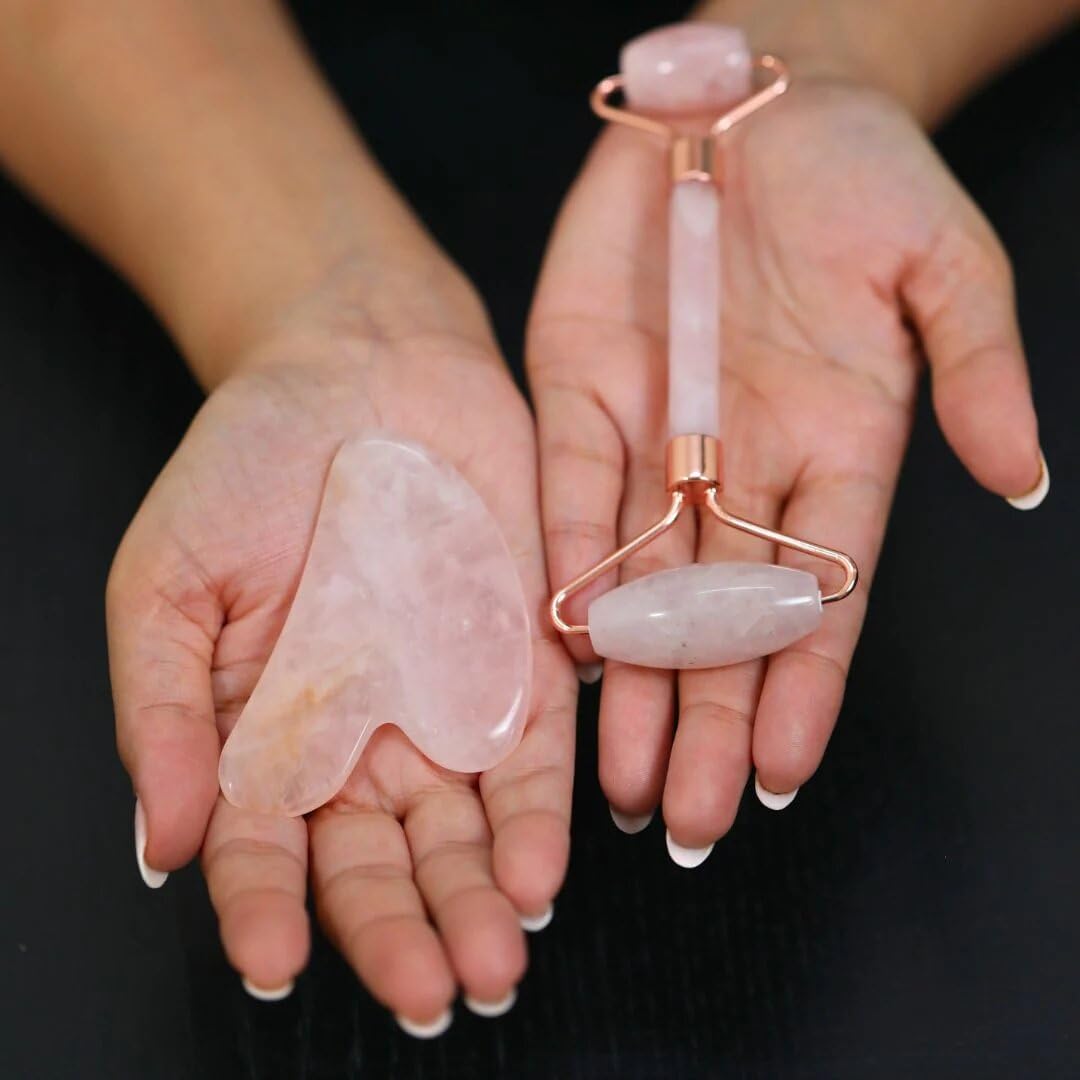Oorjas Rose Quartz Face Roller & Gua Sha Set - 100% Natural Stone for Dark Circles & Wrinkles Reduction - Lab Tested Certificate - Skin Toning & Relaxation - Perfect for Morning Routine & Spa Night Self-Care