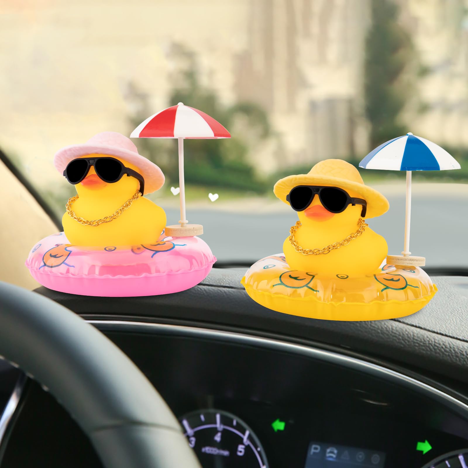 Wonuu Rubber Duck Car Ornaments with Straw Hat, Necklace, Sun Umbrella & Sunglasses - Cute Pink Dashboard Decor for Car Accessories, Perfect for Summer Road Trips & Beach-Themed Vehicles