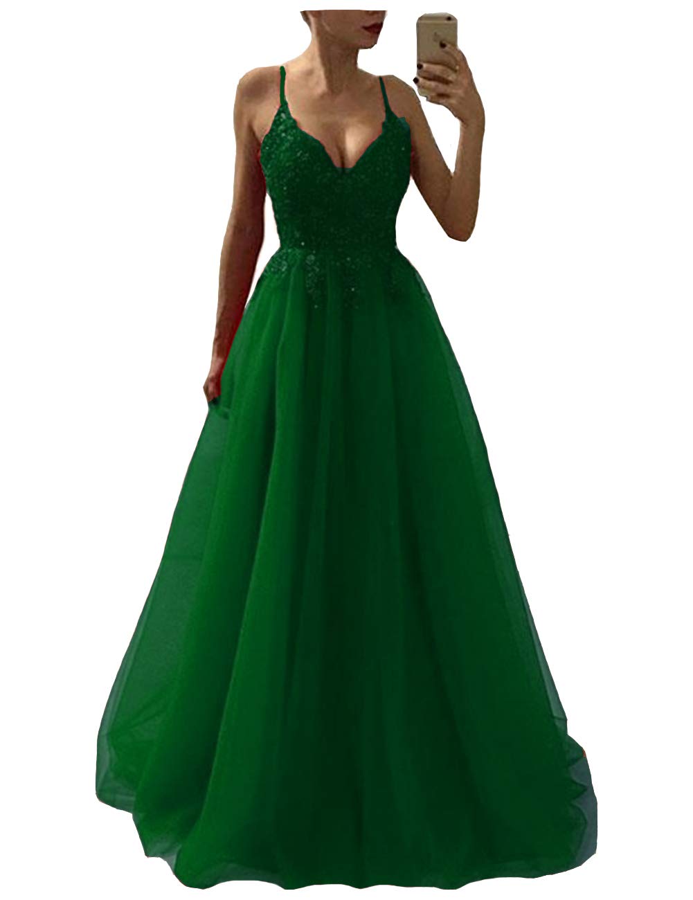 Lemai Women's V-Neck Spaghetti Strap Tulle Beaded Lace Long Evening Prom Dress - Elegant Formal Gown for Homecoming, Wedding Guest & Special Occasions