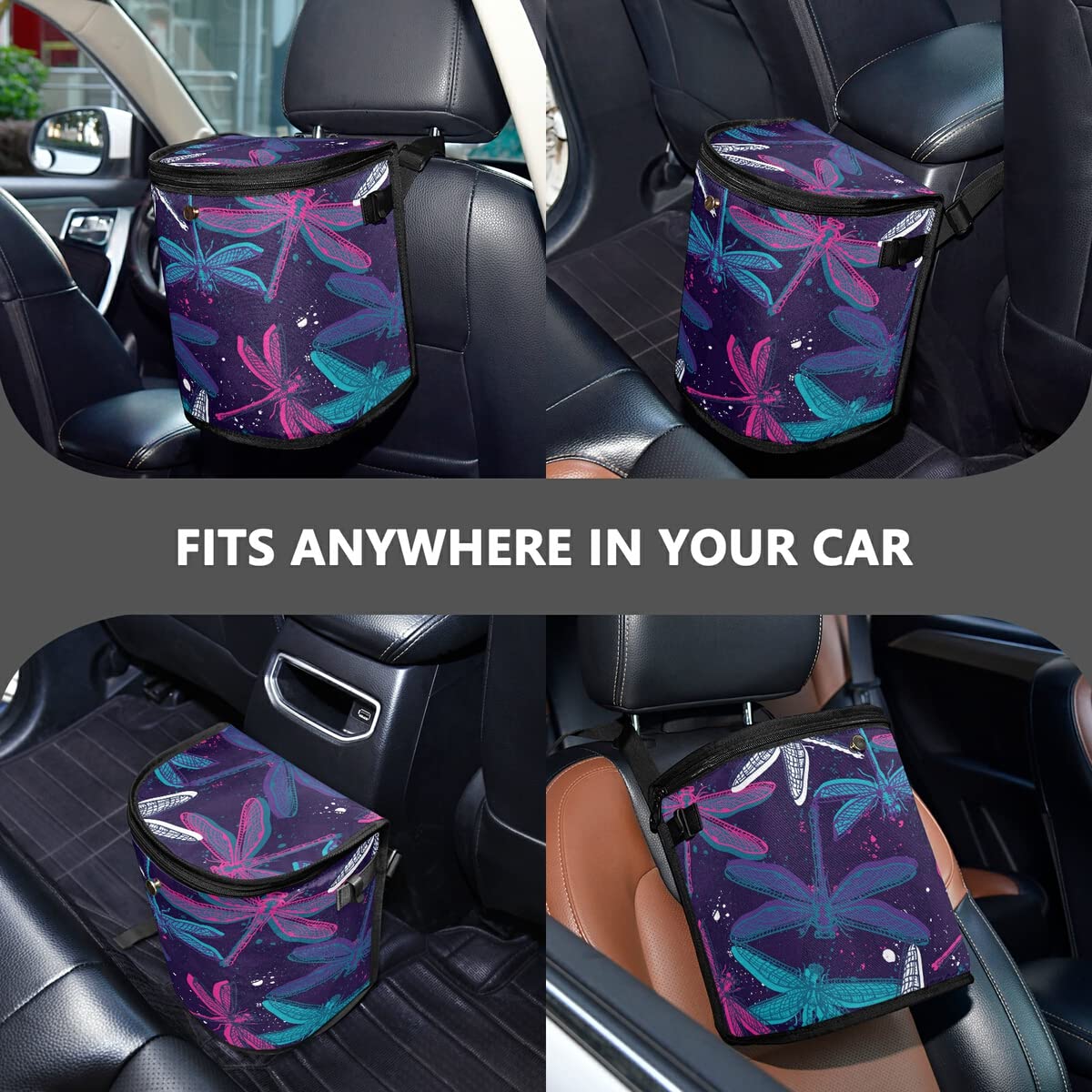 Dragonflies Hanging Car Trash Can - Leak Proof Vehicle Garbage Bin Organizer with Lid, Car Accessories for Waste Management | Perfect for Road Trips, Commuting & Keeping Your Car Clean