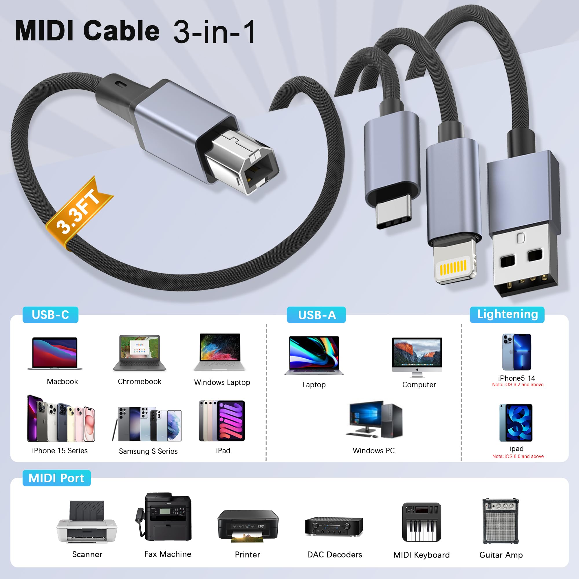 Premium MIDI USB Cable - USB A to USB B 2.0, USB C to USB B, Lightning to USB B - 3.3FT Nylon Braided for Yamaha, Casio Digital Pianos, MIDI Controllers & Printers - Compatible with MacBook Pro - Perfect for Music Production, Studio Recording & Home Office Use