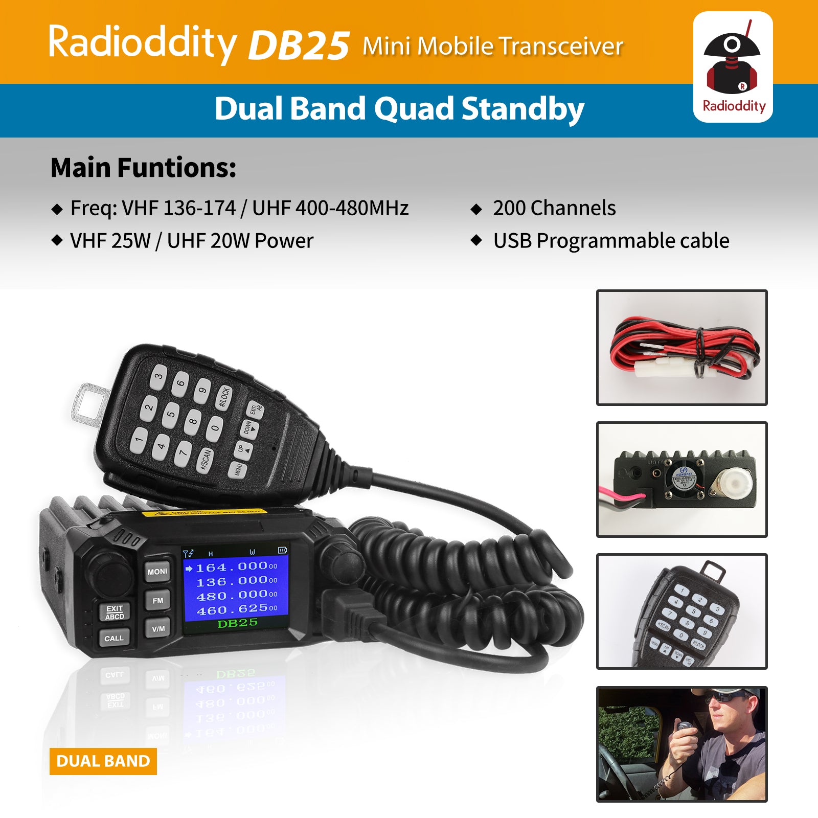 DB25 Pro Dual Band Quad Standby Mini Mobile Radio with 50W High Power Antenna & Cable - Perfect for Emergency Communication, Ham Radio & Off-Road Adventures