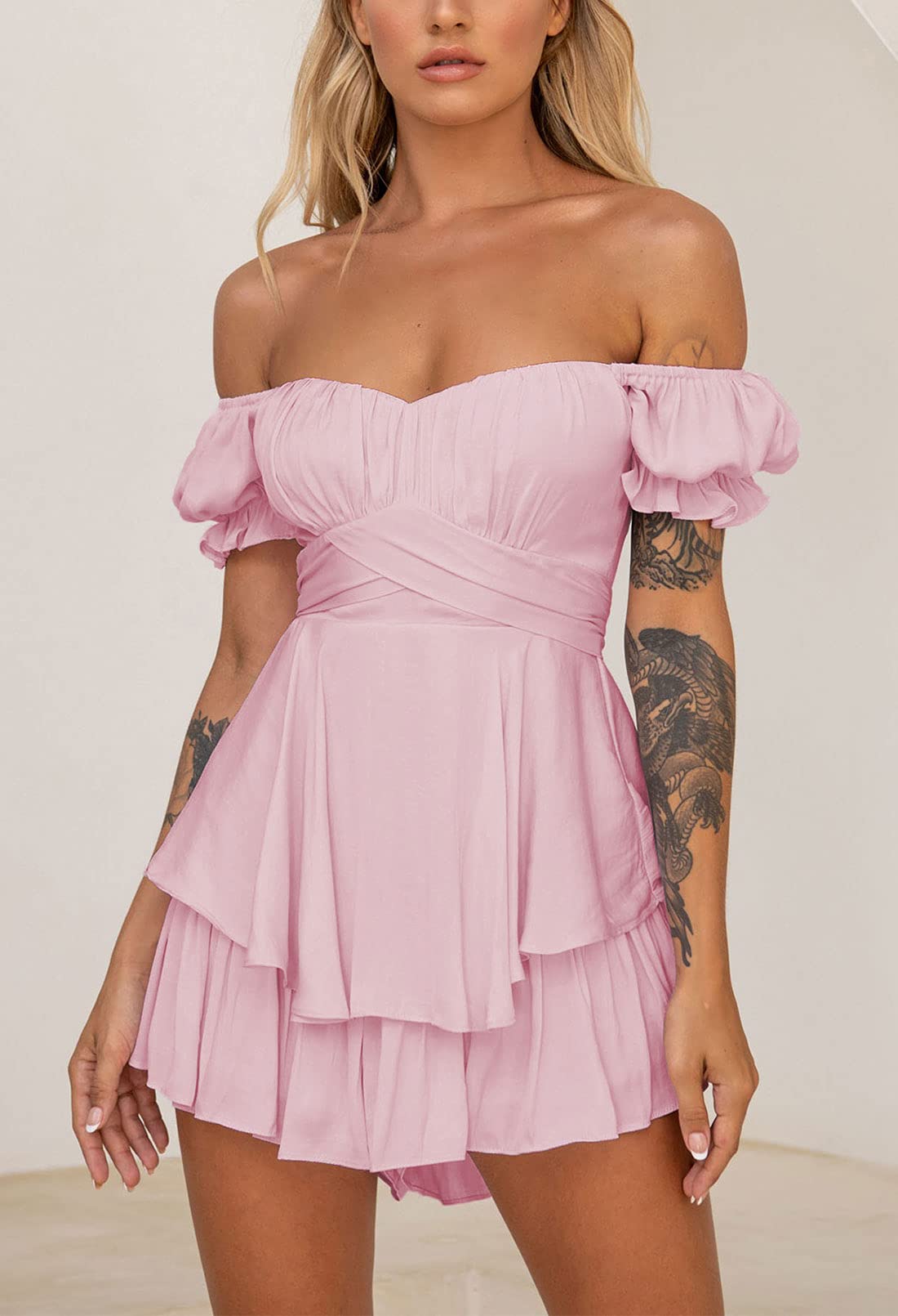 Fixmatti Women's Boho Romper - Off Shoulder Ruffle Chiffon Shorts Jumpsuit Playsuit for Summer Beach Vacation, Music Festival & Casual Outings