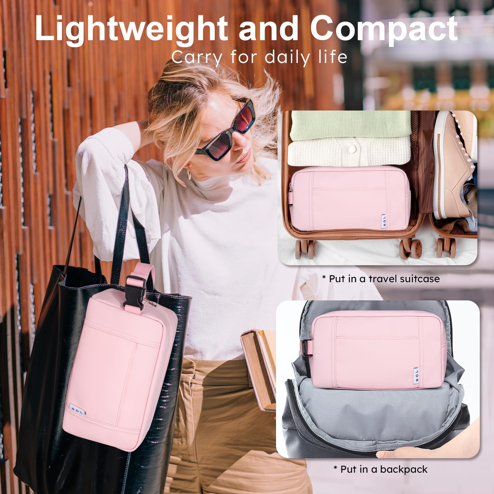 NOL Natural Organic Lifestyle Waterproof Nylon Makeup Bag - Lightweight Travel Toiletry Organizer for Women & Men | Reusable Cosmetic Pouch with Zip Closure & Buckle Handle | Perfect for Travel, Gym, Beach & Daily Use | Pink