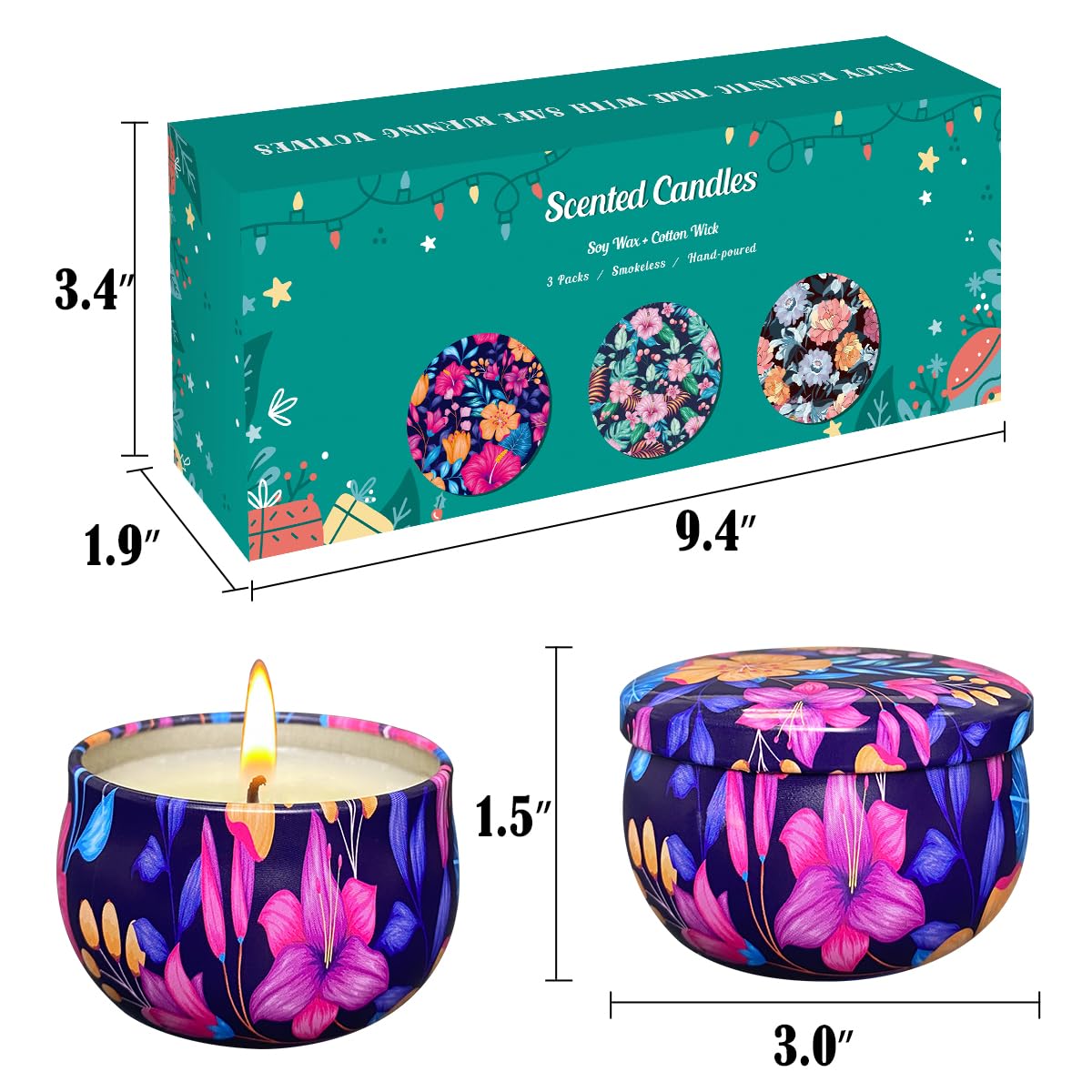 Set of 3 Floral Scented Candles - 2.5oz Natural Soy Wax Candles with 36-Hour Burn Time (Lilac, Rose, Freesia) | Aromatherapy Gifts for Women, Home Decor & Relaxation - Perfect for Bathroom, Bedroom and Meditation Spaces