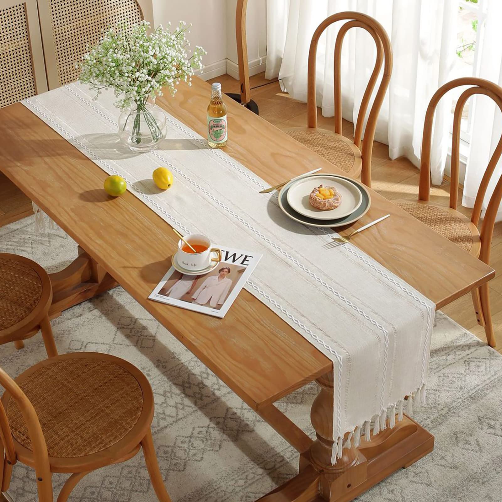 Wracra Rustic Hemstitch Linen Table Runner 90 Inches Long with Tassels - Farmhouse Style Dining Table Decor for Kitchen, Coffee Table, Party & Dresser - Ivory 13×90 Inches - Perfect for Weddings, Holidays & Home Decor