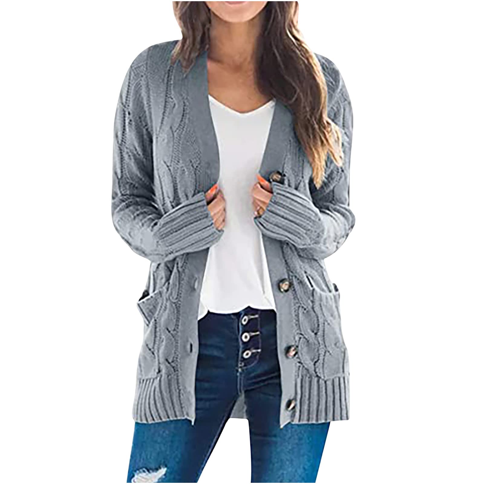 Women's Cable Knit Cardigan Sweater - Solid Color Loose Fit Button Front Open Coat for Fall & Winter Fashion | Perfect for Layering, Office Wear & Casual Outfits