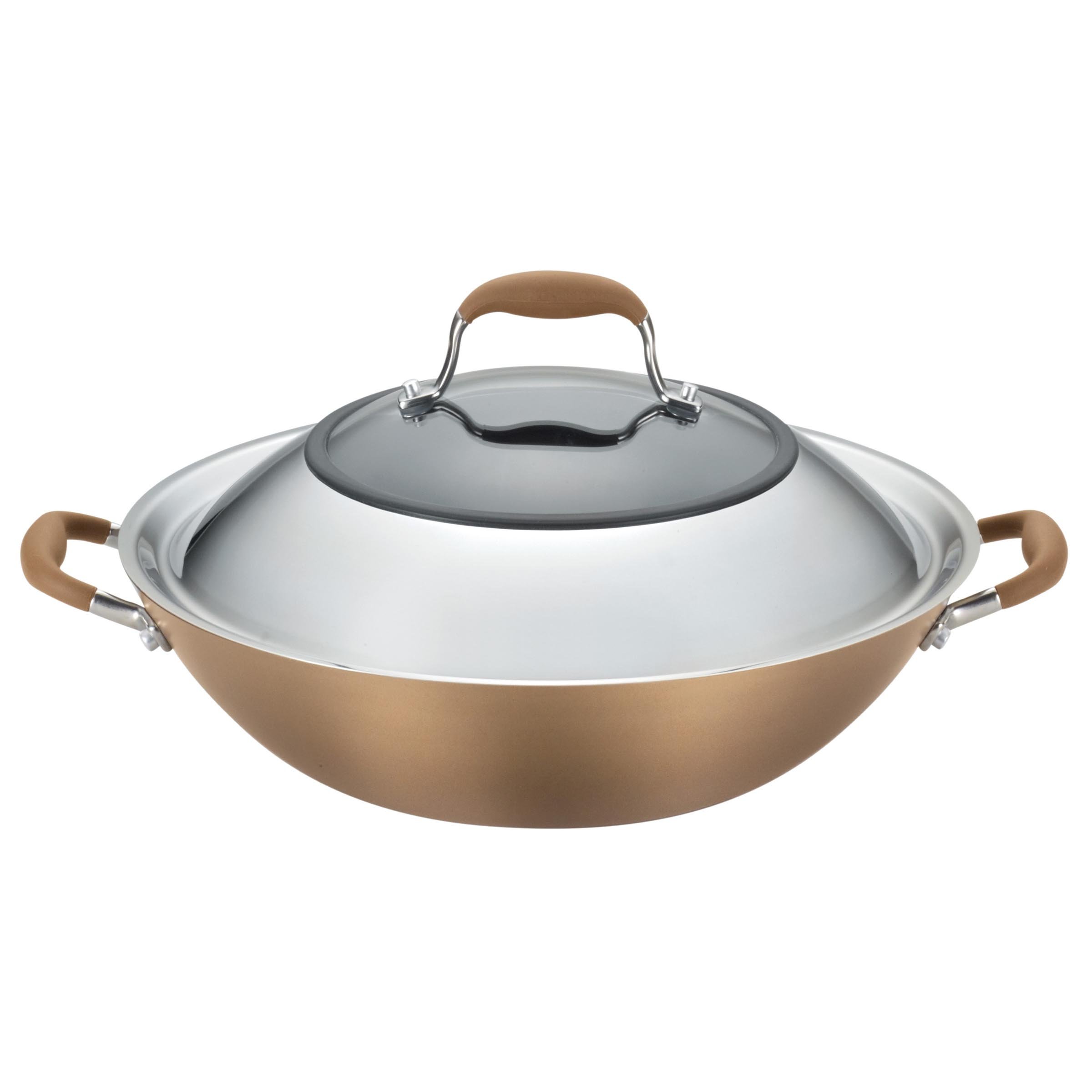 Anolon Advanced Hard Anodized Nonstick 14-Inch Stir Fry Wok Pan with Lid - Bronze Brown - Professional Cookware for Asian Cuisine, Home Kitchen & Restaurant Use