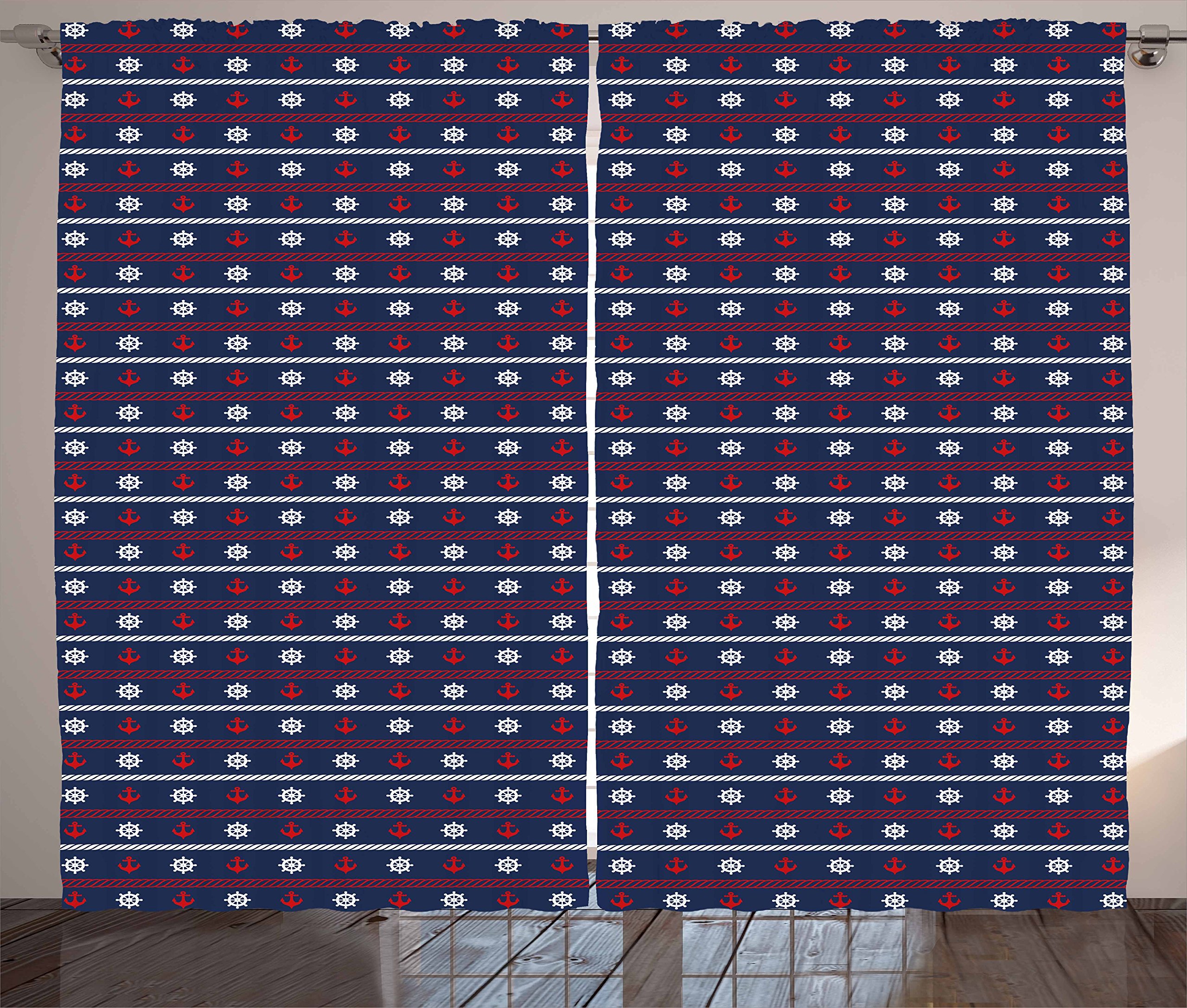 Ambesonne Navy Blue Curtains - Nautical Themed Window Drapes with Marine Anchor & Helm Design, 2 Panel Set (108