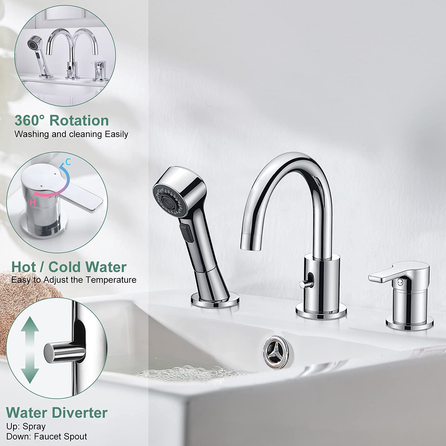 CREA 3 Hole Widespread Bathroom Sink Faucet with Pull-Out Shower Head & Waterfall Spout - Chrome Finish for Roman Bathtub, Baby Bathing, Pet Washing (Dog/Cat) & Hair Care - Perfect for Spa-Like Showers and Family Bath Time