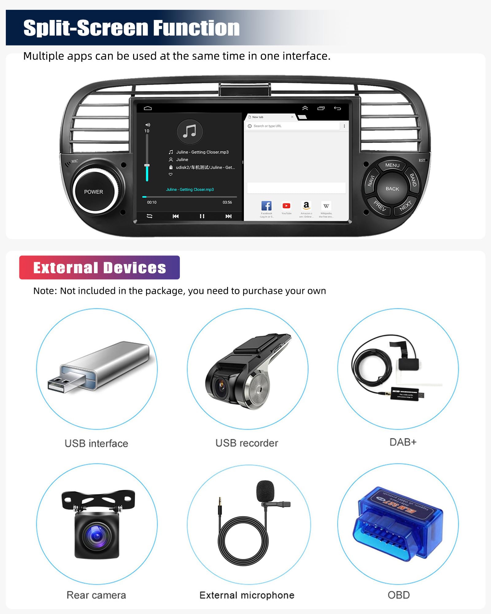 CAMECHO 7 Inch Android 13 Car Stereo for Fiat 500 2007-2015 - Wireless Apple CarPlay & Android Auto, Double Din Touchscreen with GPS Navigation, Bluetooth, HiFi Audio, WiFi, FM Radio & Rear View Camera - Perfect for Upgrading Your Car Entertainment System