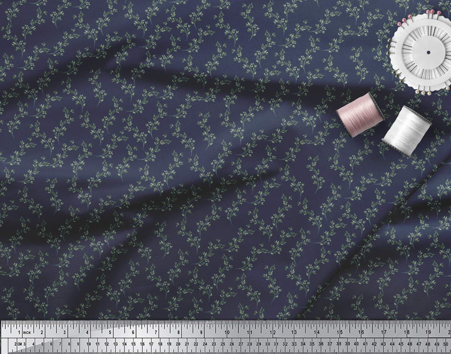 Soimoi Moss Georgette Blue Fabric by The Yard - 44 Inch Wide Printed Textile with Beech Leaves Design for DIY Crafts, Dresses & Home Decor | Nature-Inspired Elegant Fabric for Sewing Projects & Fashion Design