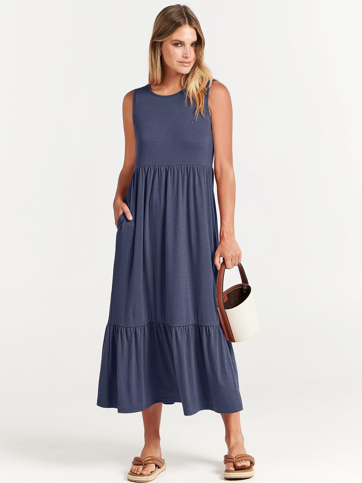 ANRABESS Women's Summer Sleeveless Crewneck Sundress - Flowy A-Line Tiered Maxi Beach Dress for Vacation, Casual Wear, and Outdoor Activities
