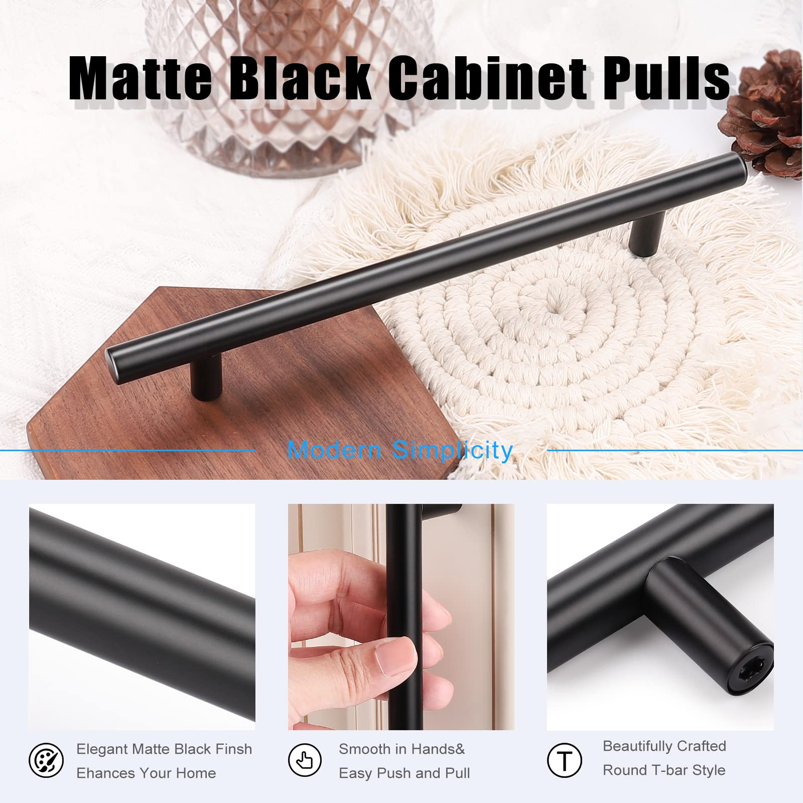 KNOBWELL 20 Pack 6.3 Inch Matte Black Cabinet Handles - Modern Kitchen & Dresser Drawer Pulls - 8.8 Inch Overall Length - Perfect for Cabinets, Cupboards, Furniture & DIY Home Renovation Projects