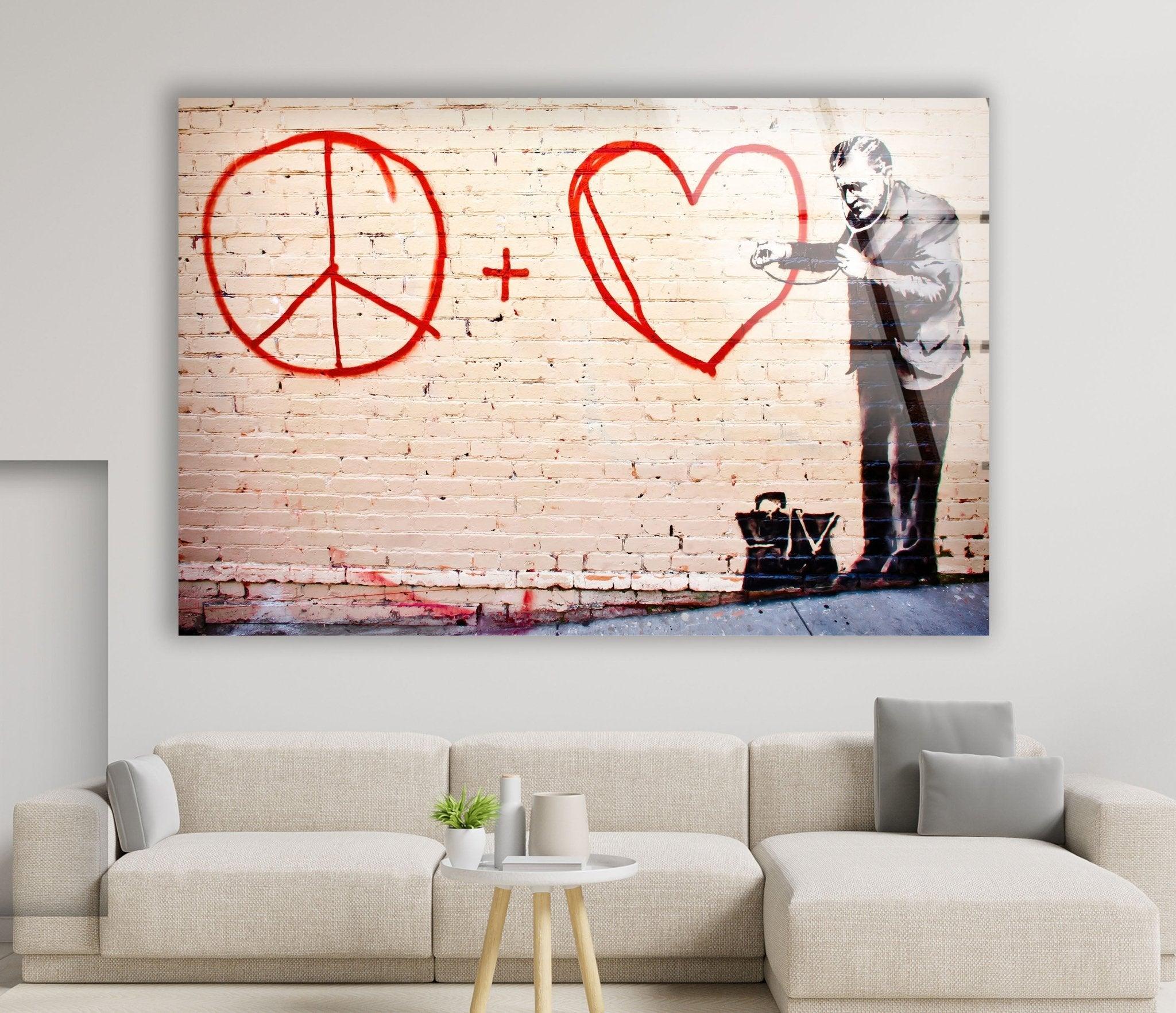 Banksy Peace and Love Glass Wall Art - Modern Home Decor for Living Room, Bedroom & Office - Unique Street Art Inspired Glass Panel