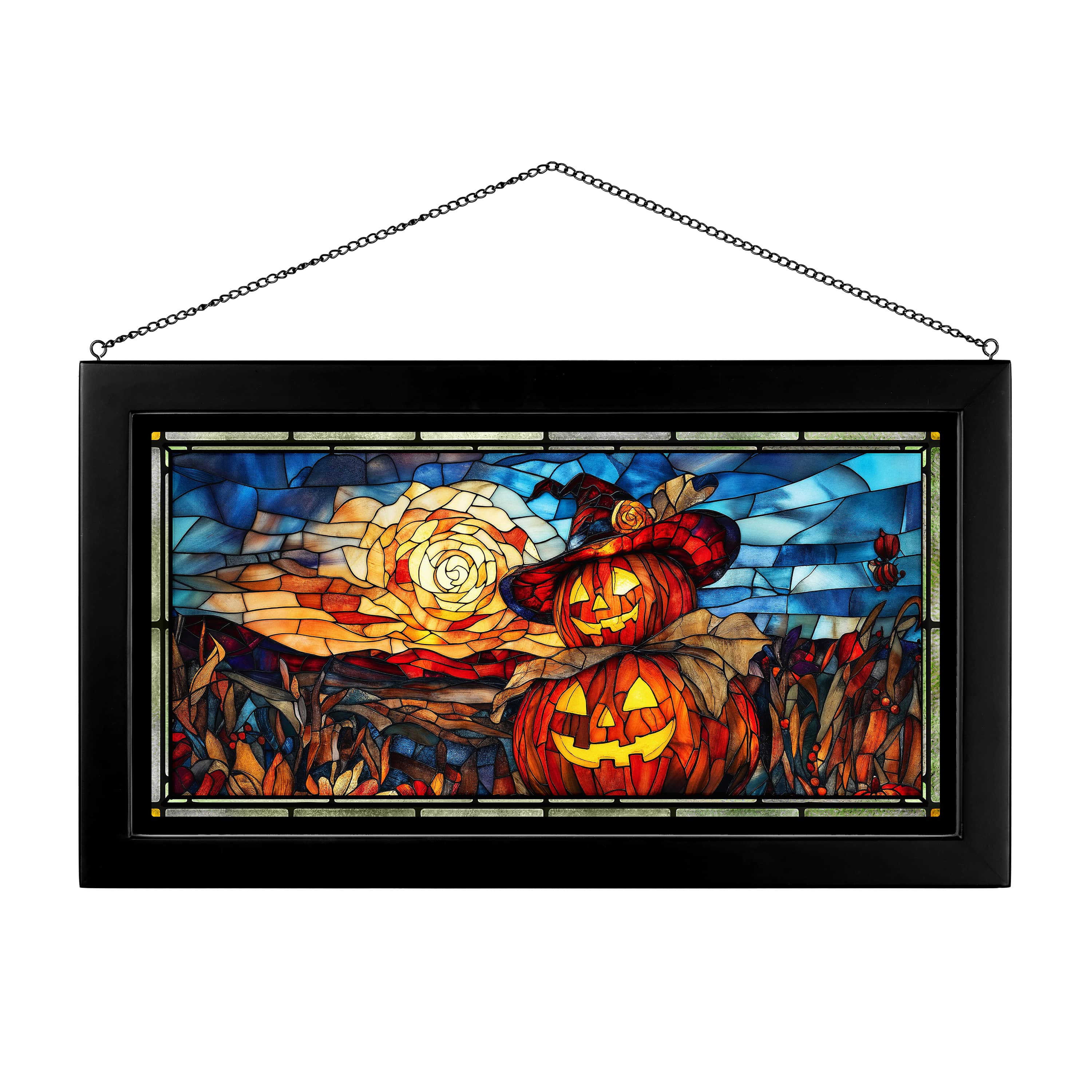 13 x 23 Stained Glass Jack O'Lantern Art Panel - Halloween Window Decor, Fall Home Decor, Gothic Wall Art for Seasonal Holiday Display