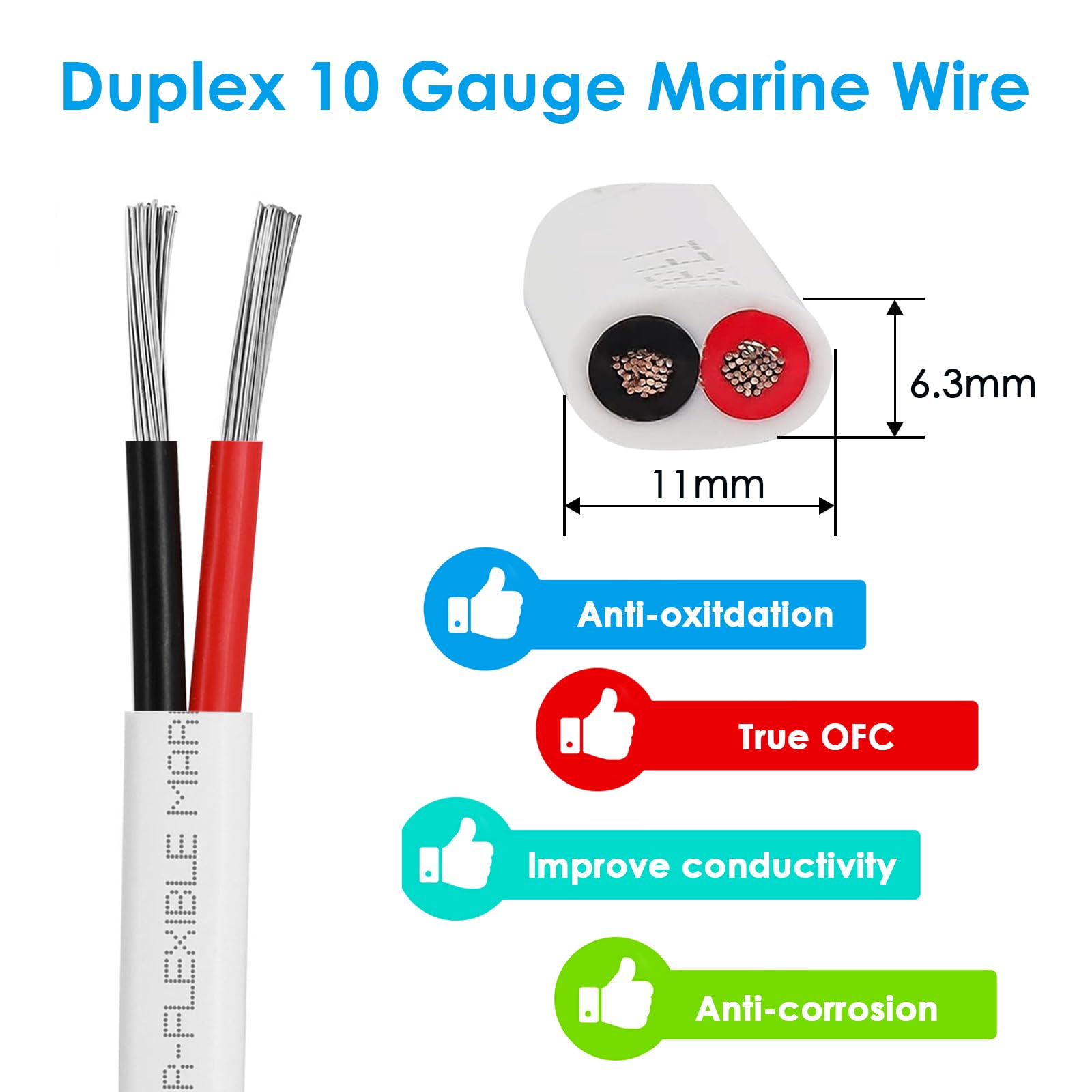 10 Gauge Duplex Marine Wire Tinned Copper Boat Cable - 20ft 10 AWG OFC Oxygen Free Copper Wire for Automotive, Boat Speakers & Solar Systems - Perfect for Marine, RV & Outdoor Electrical Applications