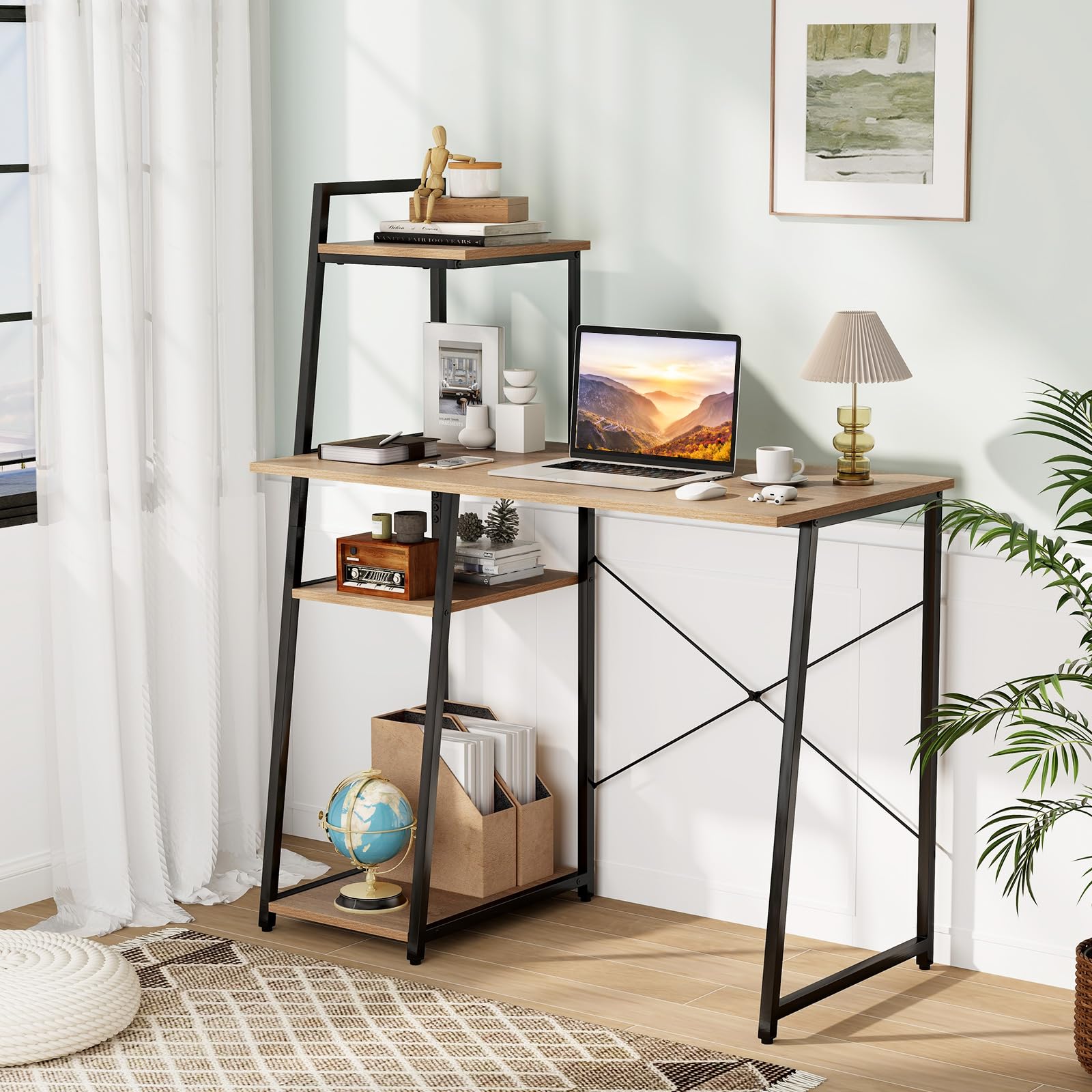 Tangkula Space Saving Computer Desk with 3-Tier Ladder Shelf - Modern Home Office Desk with Metal Frame, Compact Writing Study Table & Storage Bookshelf for Small Spaces (Natural) - Perfect for Home Office, Dorm Room, and Small Apartment Workspaces