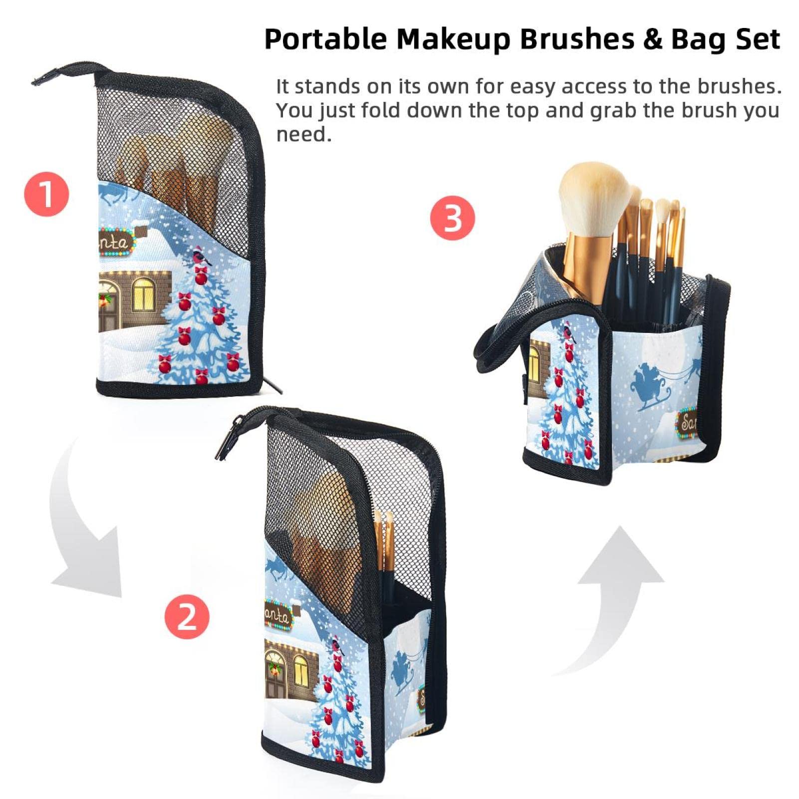 Premium 12-Piece Makeup Brush Organizer Bag with Santa Claus Moon Reindeer Design - Portable Travel Cosmetic Brush Holder Case for Professional Artists & Home Use