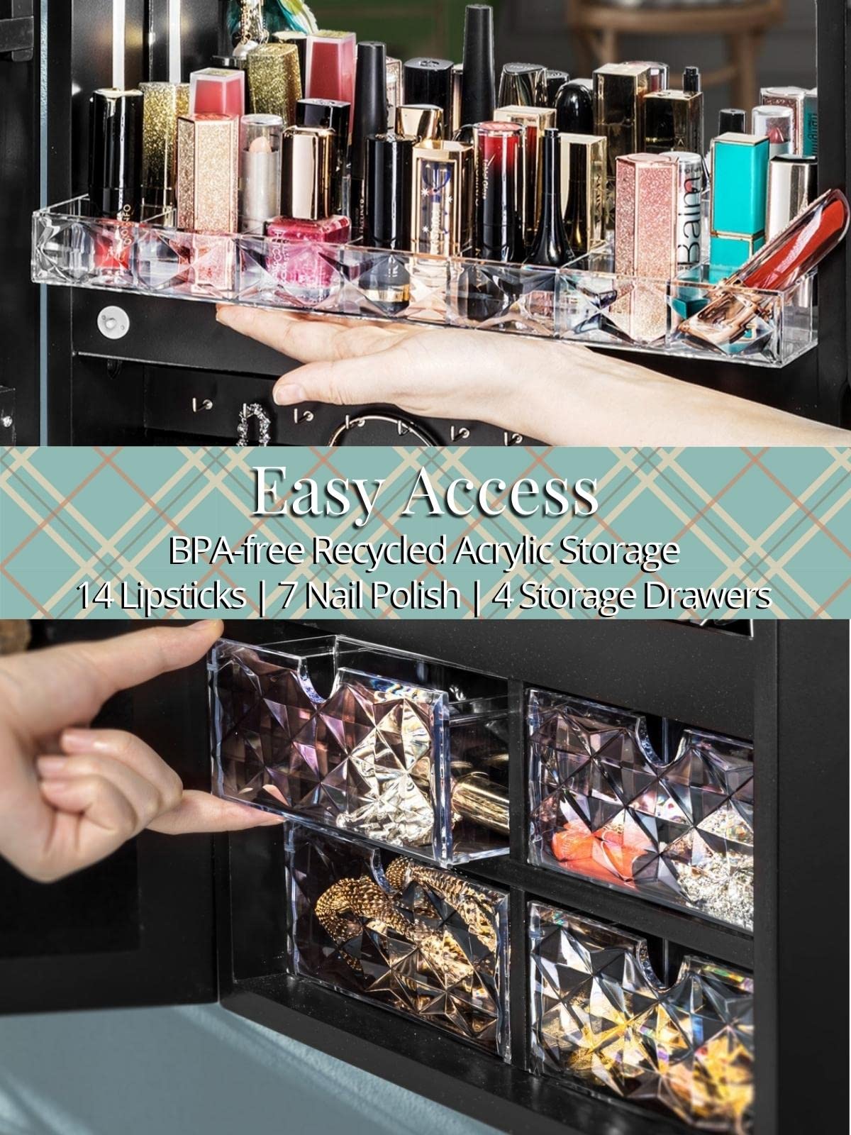 LUXFURNI LED Mirror Jewelry Cabinet Armoire - Freestanding Jewelry Storage Organizer with Full Length Mirror, Large Jewelry Storage with Built-in Lighted Mirror & Lock (Black) | Perfect for Bedroom, Dressing Room & Closet Organization