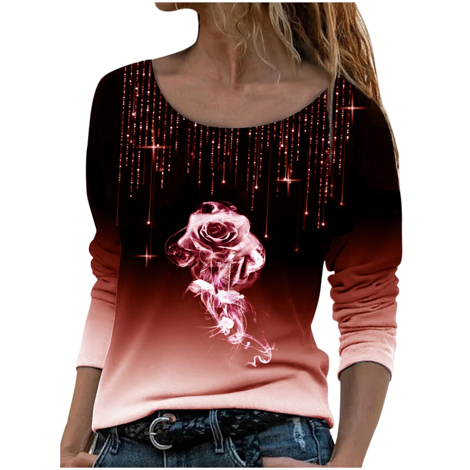 Women's Green & Orange Floral Long Sleeve Round Neck Casual Tops for Spring Summer | Boho Shirts for Everyday Wear, Office & Date Outfits