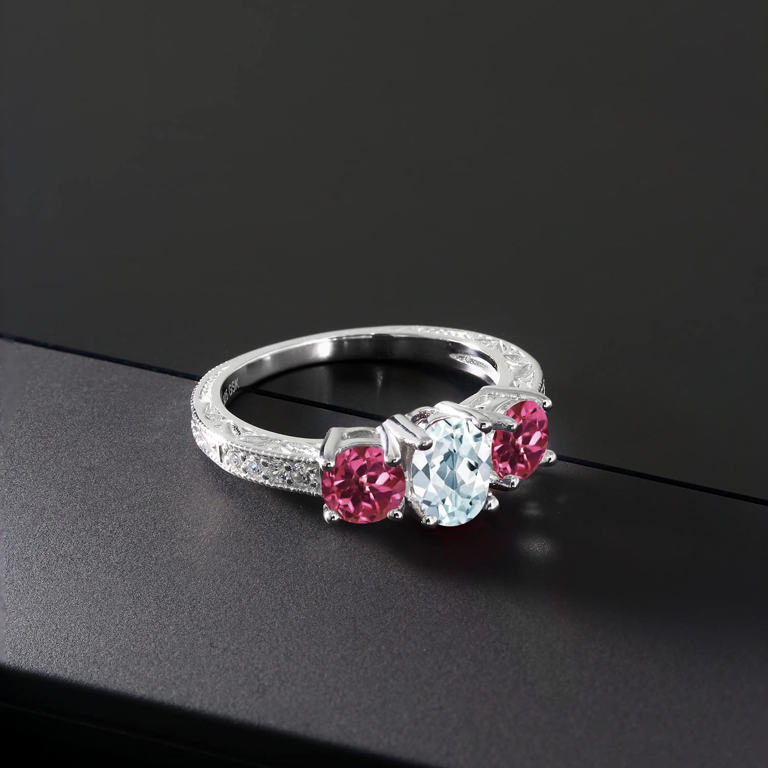 1.91 Ct Oval Sky Blue Aquamarine & Pink Tourmaline Ring in 925 Sterling Silver with Moissanite Accents - Elegant Birthstone Jewelry for Women, Perfect for Engagement, Anniversary & Special Occasions