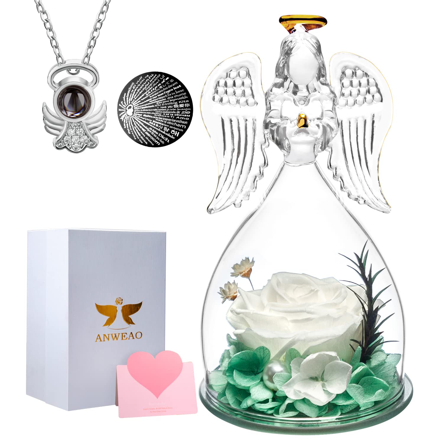 ANWEAO Preserved Real Rose Glass Angel Figurine with 'I Love You' Necklace in 100 Languages - Unique Birthday Gift for Mom, Valentine's Day Present for Women, Thoughtful Flower Gift for Grandma - Perfect for Home Decor, Anniversary Surprise & Special Occasion Keepsake