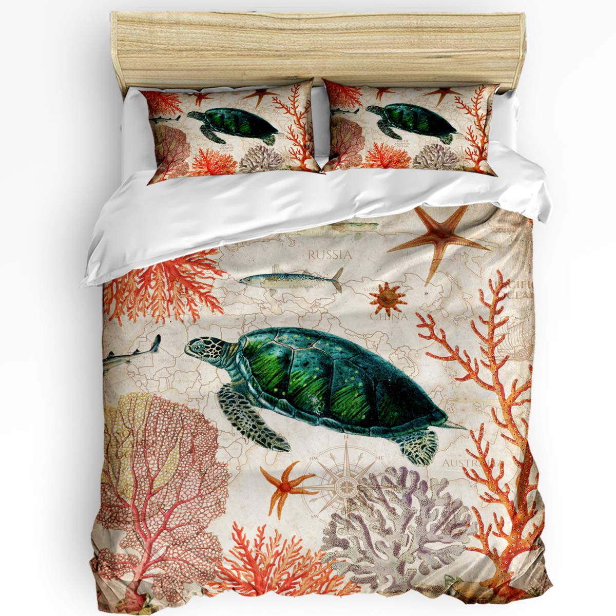 Royalreal Queen Duvet Cover Set - Vintage Nautical Map Design with Sea Turtle & Burlap Texture | Soft Bedding Set Includes 1 Comforter Cover & 2 Pillowcases | Perfect for Teens, Kids & Adults Bedroom Decor | Ideal for Coastal, Beach House or Nautical Theme Rooms