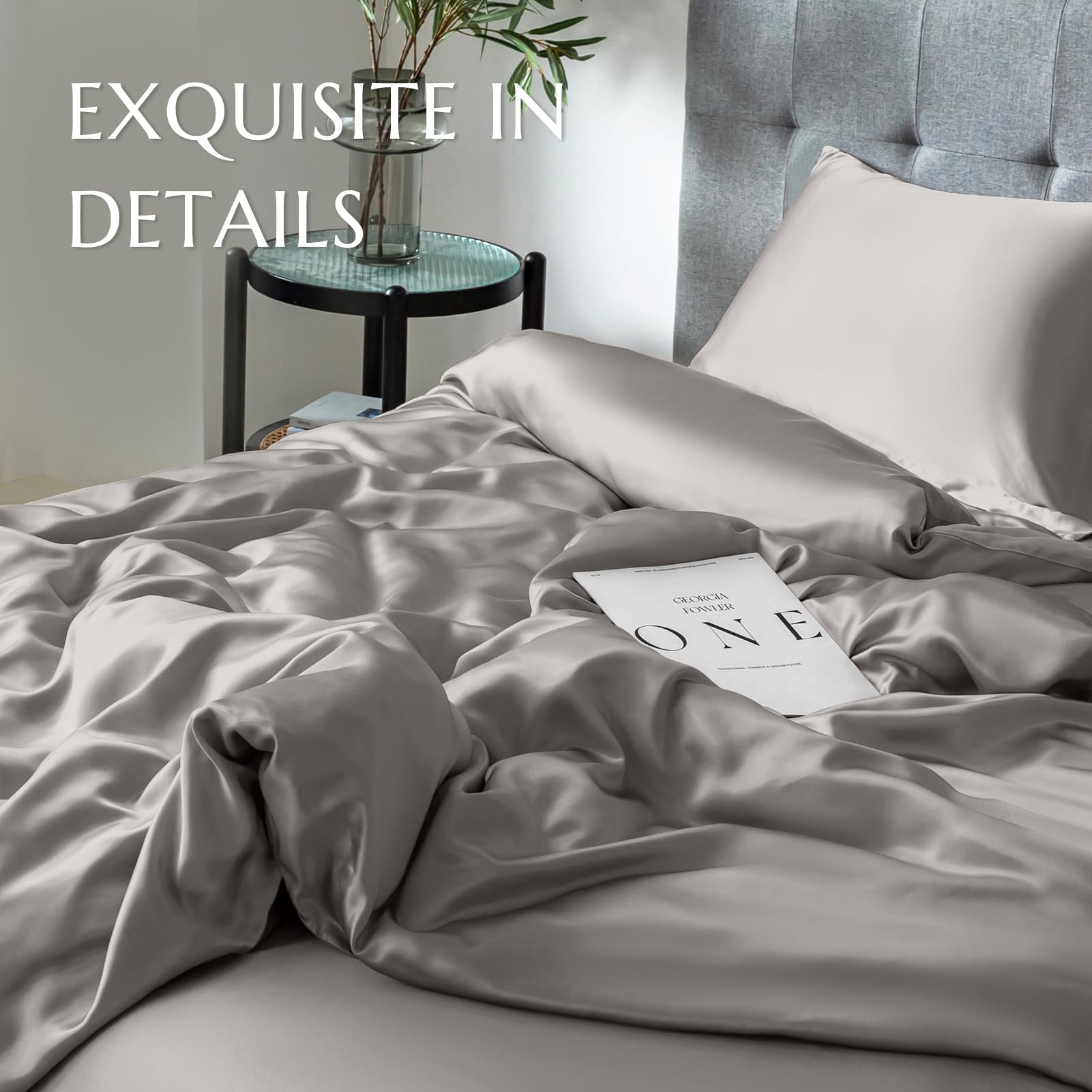 THXSILK 100% 7A+ Mulberry Silk Duvet Cover - Seamless, Breathable, Easy Care with Zipper Closure (Twin Size, Grey) | Luxury Bedding for Better Sleep & Skin Care