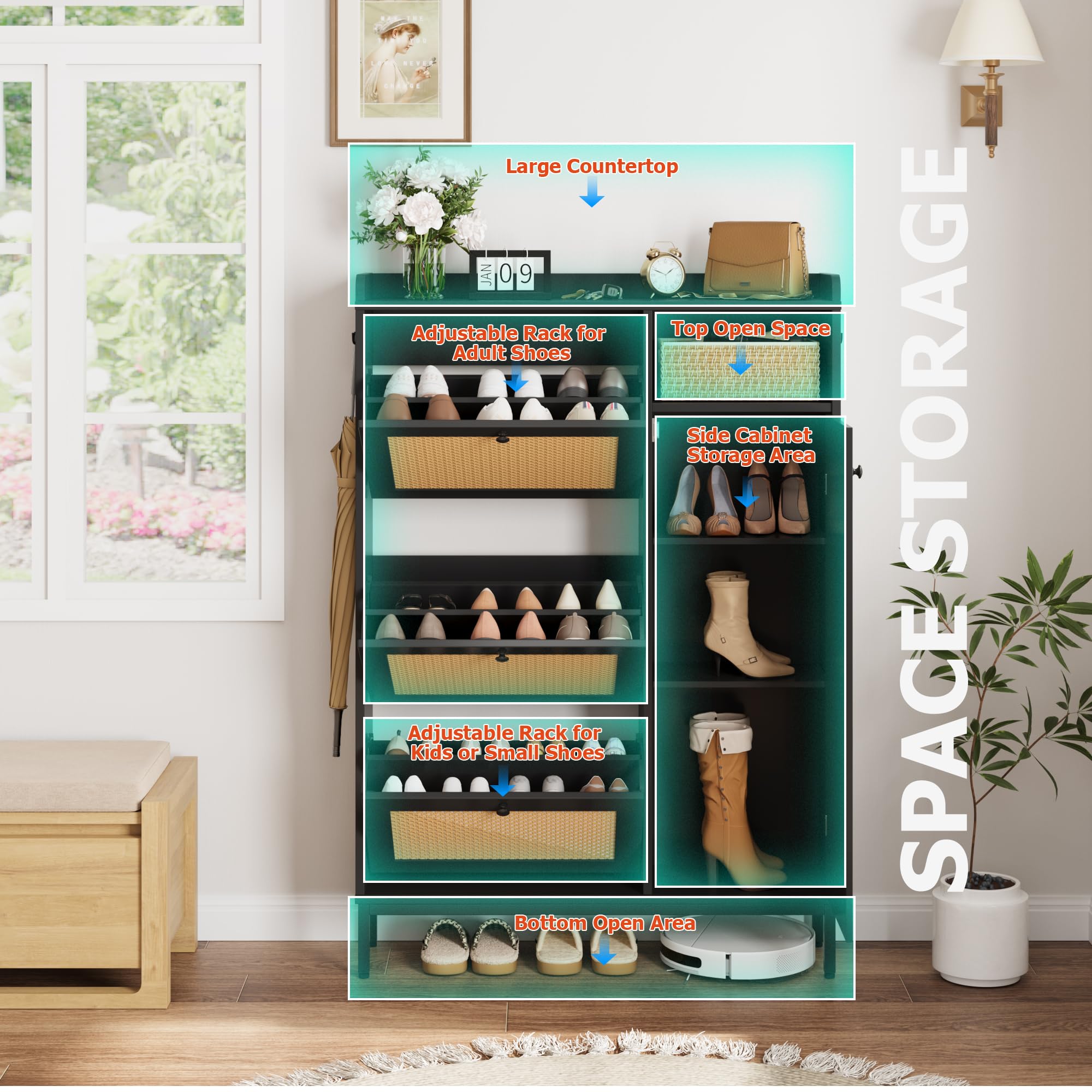 Rattan Shoe Storage Cabinet with 3 Flip Drawers - Freestanding Entryway Organizer with Adjustable Shelves, Narrow Hallway Shoe Rack - Easy Assembly Black | Perfect for Small Spaces, Closet Organization & Entryway Decor