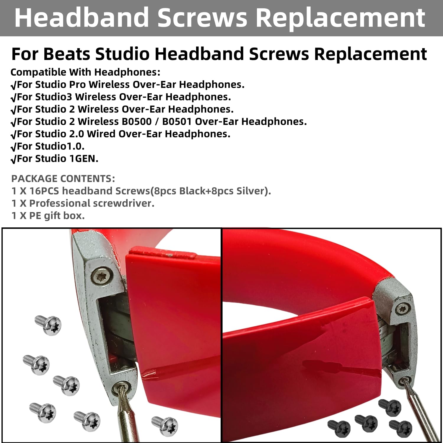 Replacement Headband Screws for Beats Studio Pro/Studio3/Studio2/Studio1.0 Wired & Wireless Headphones - 8 Silver + 8 Black Screws Kit - Perfect for DIY Headphone Repair & Maintenance