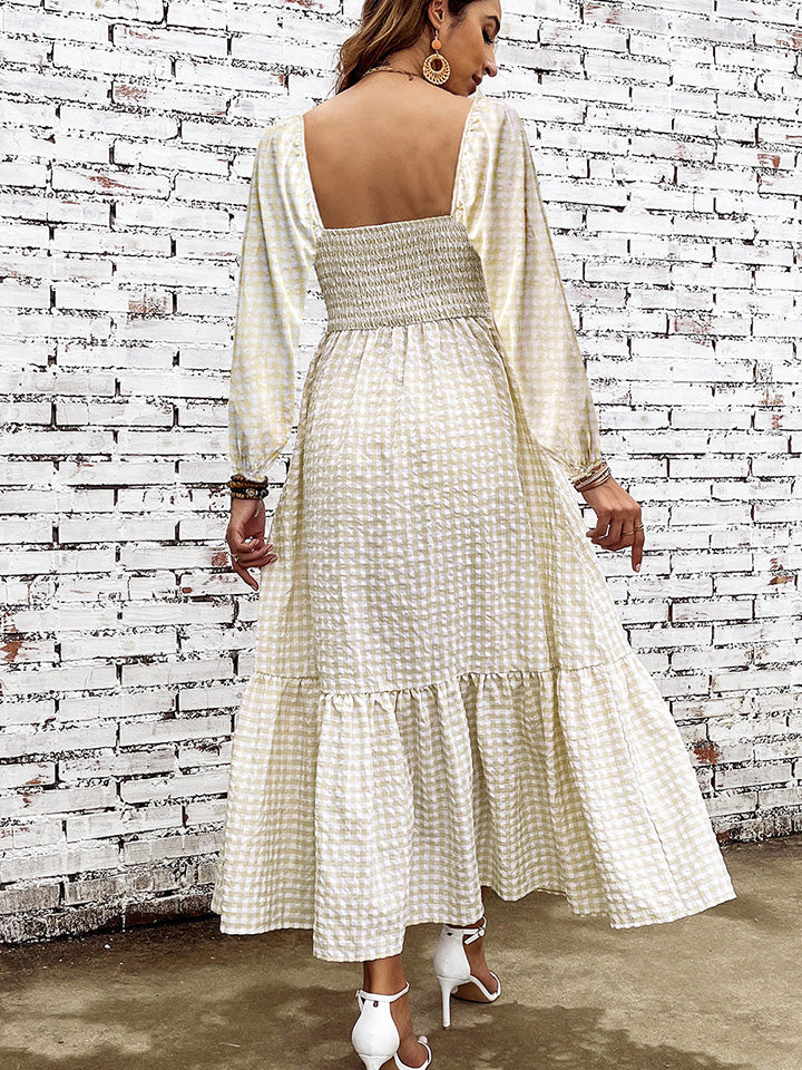 Elegant Smocked Square Neck Long Sleeve Dress for Women | Flowy Midi Dress with Ruffled Hem | Perfect for Weddings, Parties & Date Nights