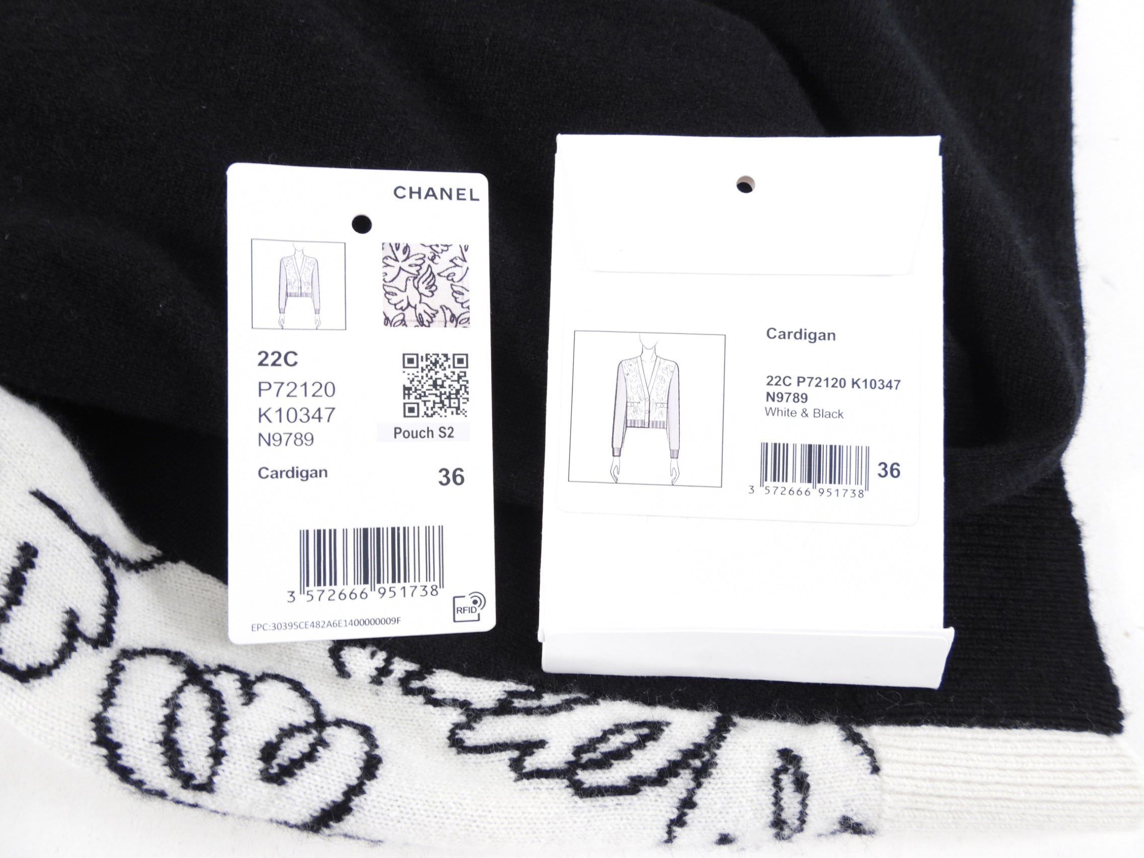 Chanel 22C Black & White Dove Bird Print Cardigan Sweater Women's Size FR36 - Perfect for Casual Outings & Luxury Fashion Events