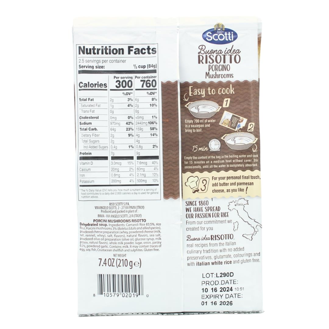 Riso Scotti Porcini Mushroom & Carnaroli Rice Risotto - Authentic Italian Ready Meal (7.4 oz) | Easy to Cook Just Add Water | Perfect Quick Dinner Side Dish for Busy Weeknights | 2-3 Servings