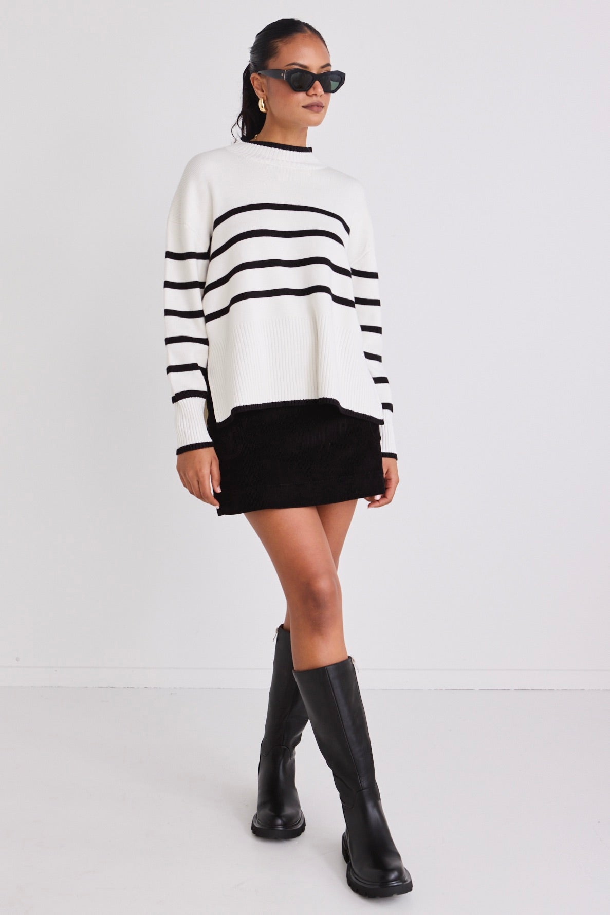 Ardent White Stripe Funnel Neck Jumper - Women's Chunky Knit Sweater for Fall & Winter | Cozy Office Wear & Casual Outfits