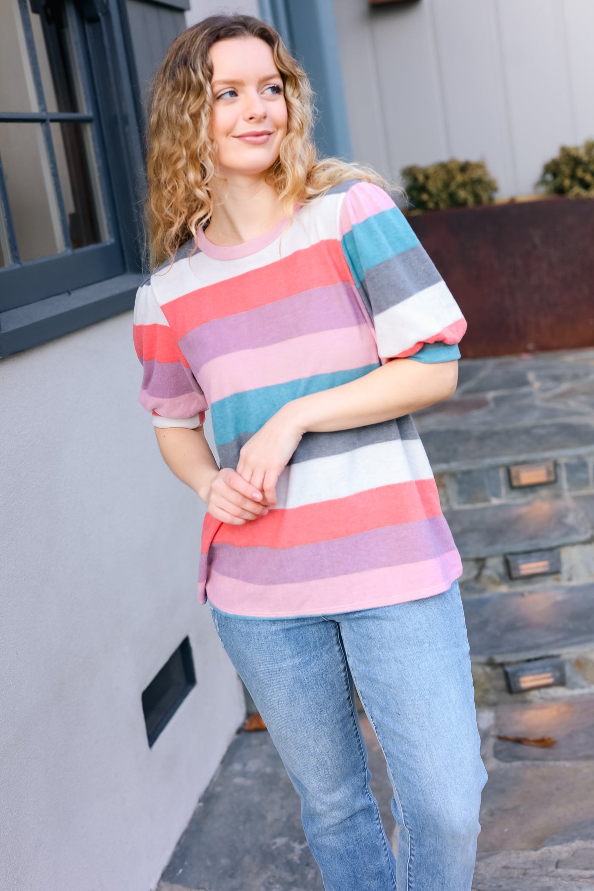 Look Out Teal & Rose Striped Hacci Knit Puff Sleeve Top | Women's Fashion Blouse | Casual & Party Wear | Perfect for Date Nights & Office Outfits