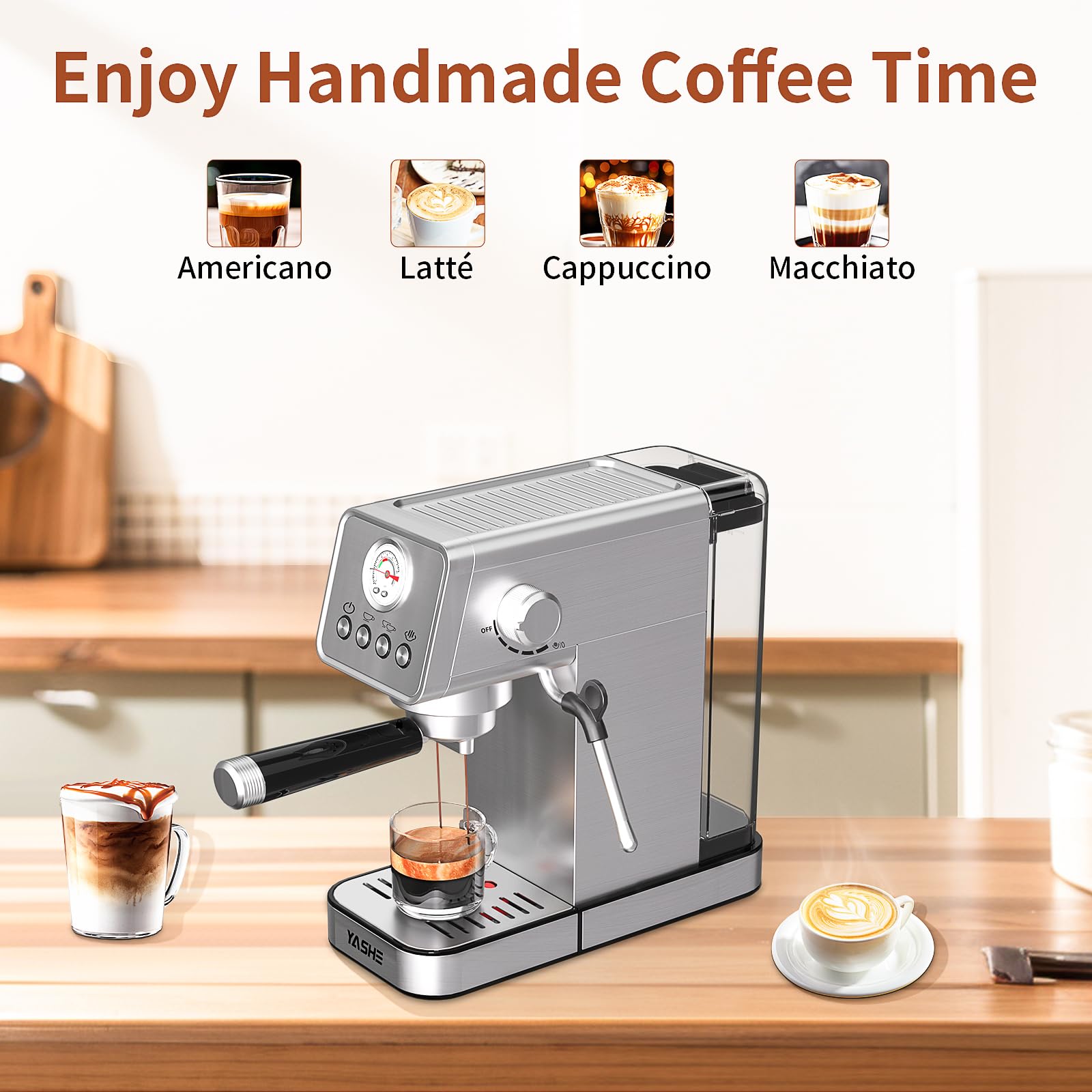 YASHE 20 Bar Espresso Machine with Milk Frother - 1350W Semi-Automatic Coffee Maker for Home, 37.2oz Removable Water Tank - Perfect for Espresso, Cappuccino & Latte | Ideal for Kitchen Countertop & Coffee Bar Use